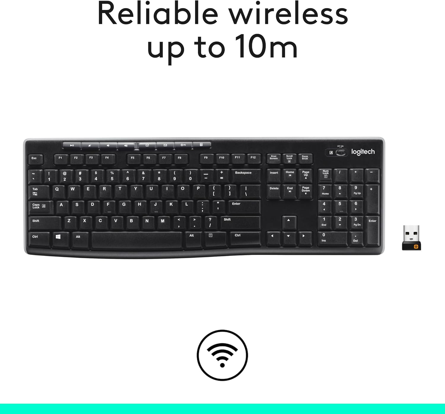 Highlights the wireless range of up to 10m for the keyboard, providing freedom of use without being tethered.