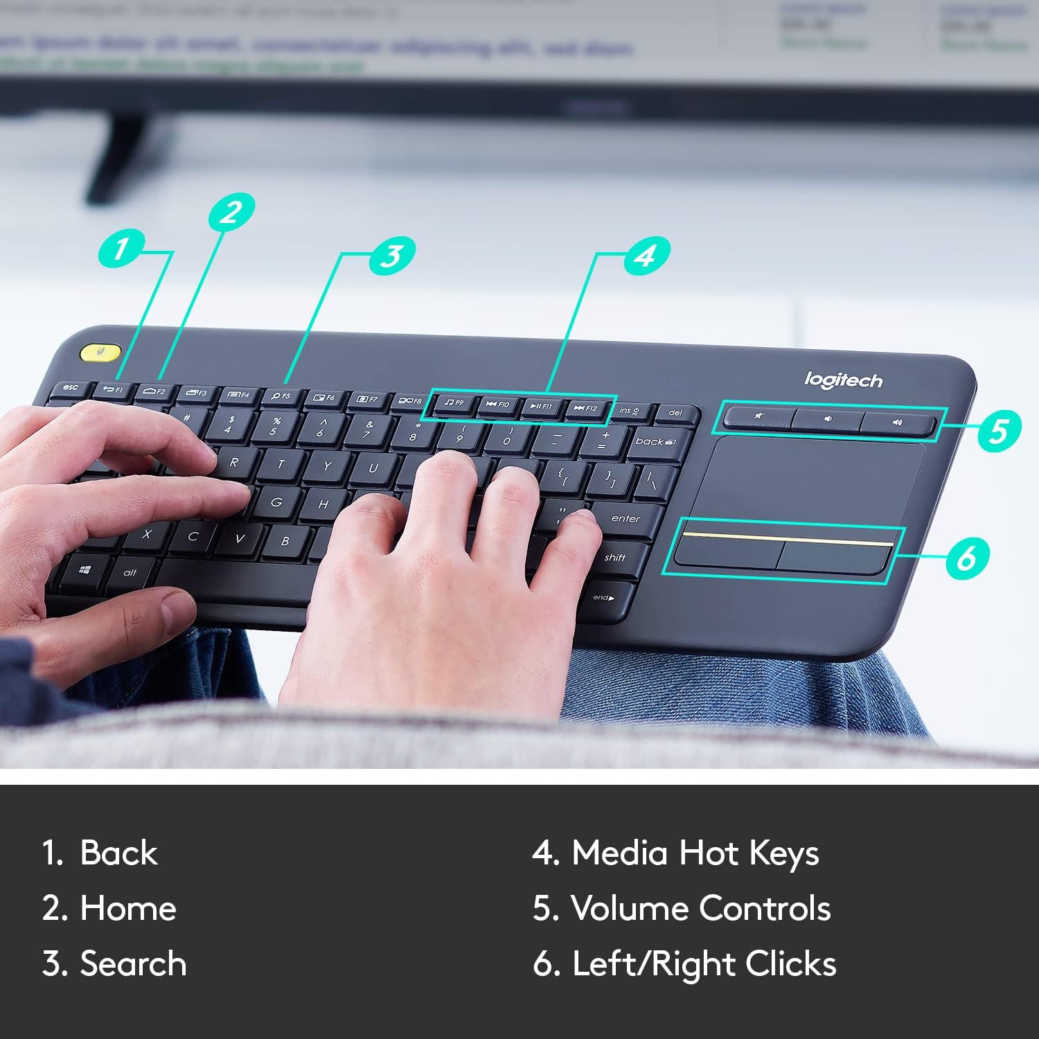 Explains the different functions and features of the keyboard through labeled callouts, helping customers understand how to use and navigate with the product.