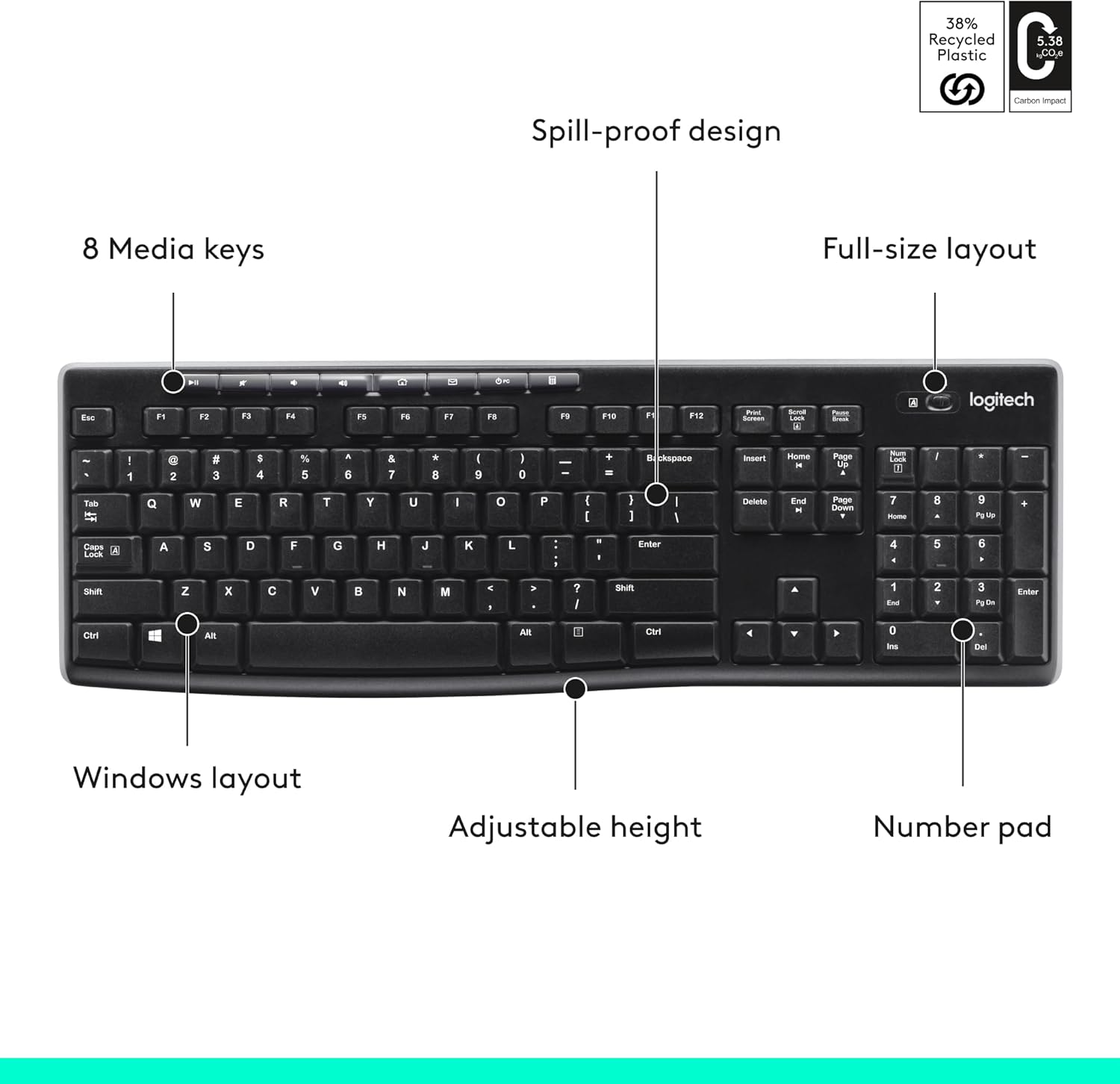 Highlights the key features and benefits of the keyboard, including its spill-proof design, full-size layout, Windows layout, adjustable height, number pad, and dedicated media keys.