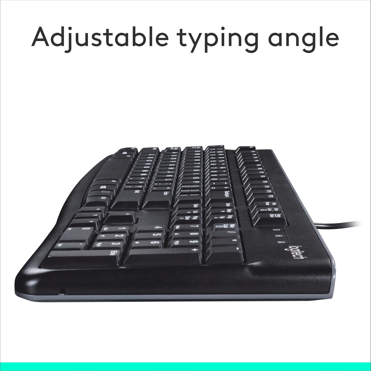 Highlights the keyboard's ability to adjust the typing angle for improved ergonomics and comfort during extended use.