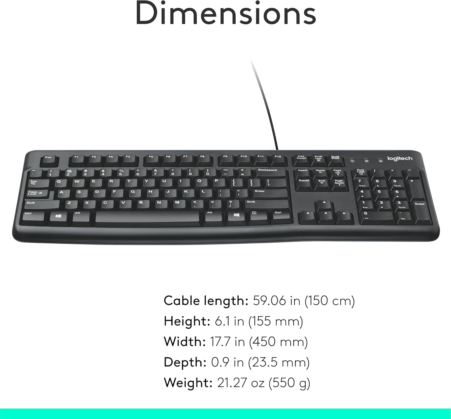Provides the exact dimensions, cable length, and weight of the product to help shoppers understand its physical size and portability.
