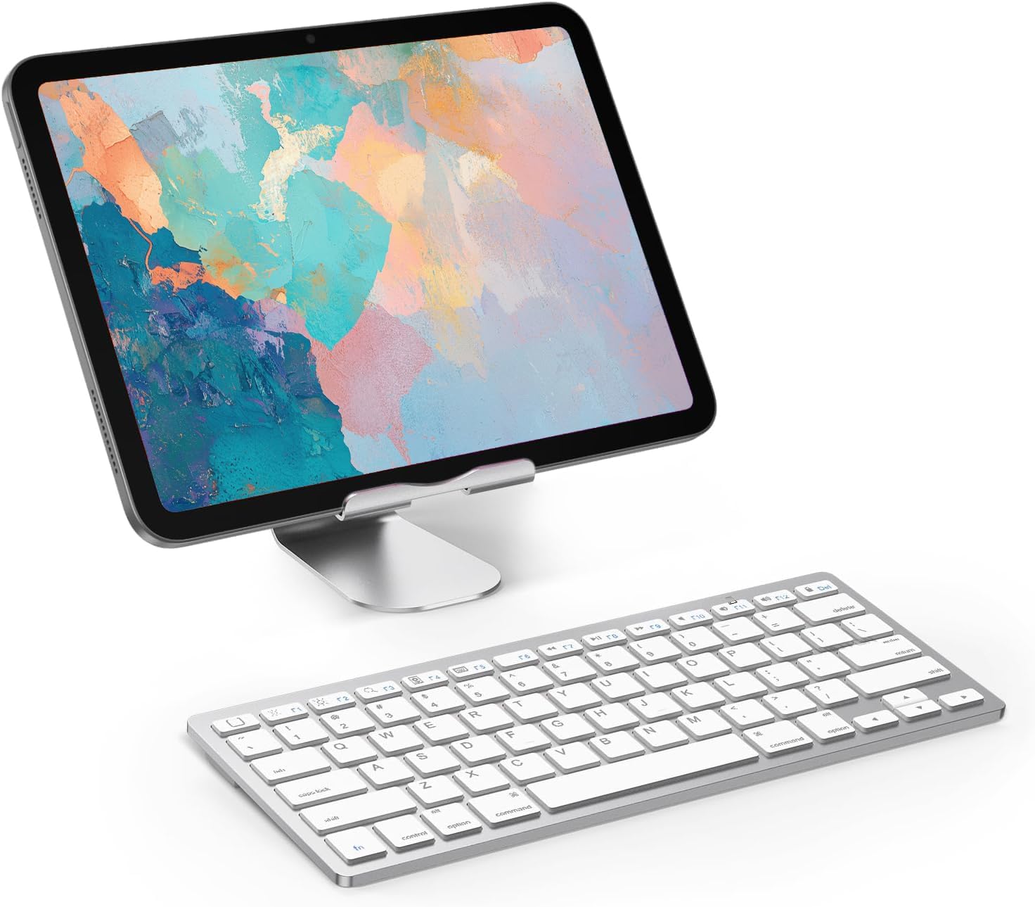 Shows the product in a realistic usage scenario to demonstrate how it can be used with a tablet and wireless keyboard.