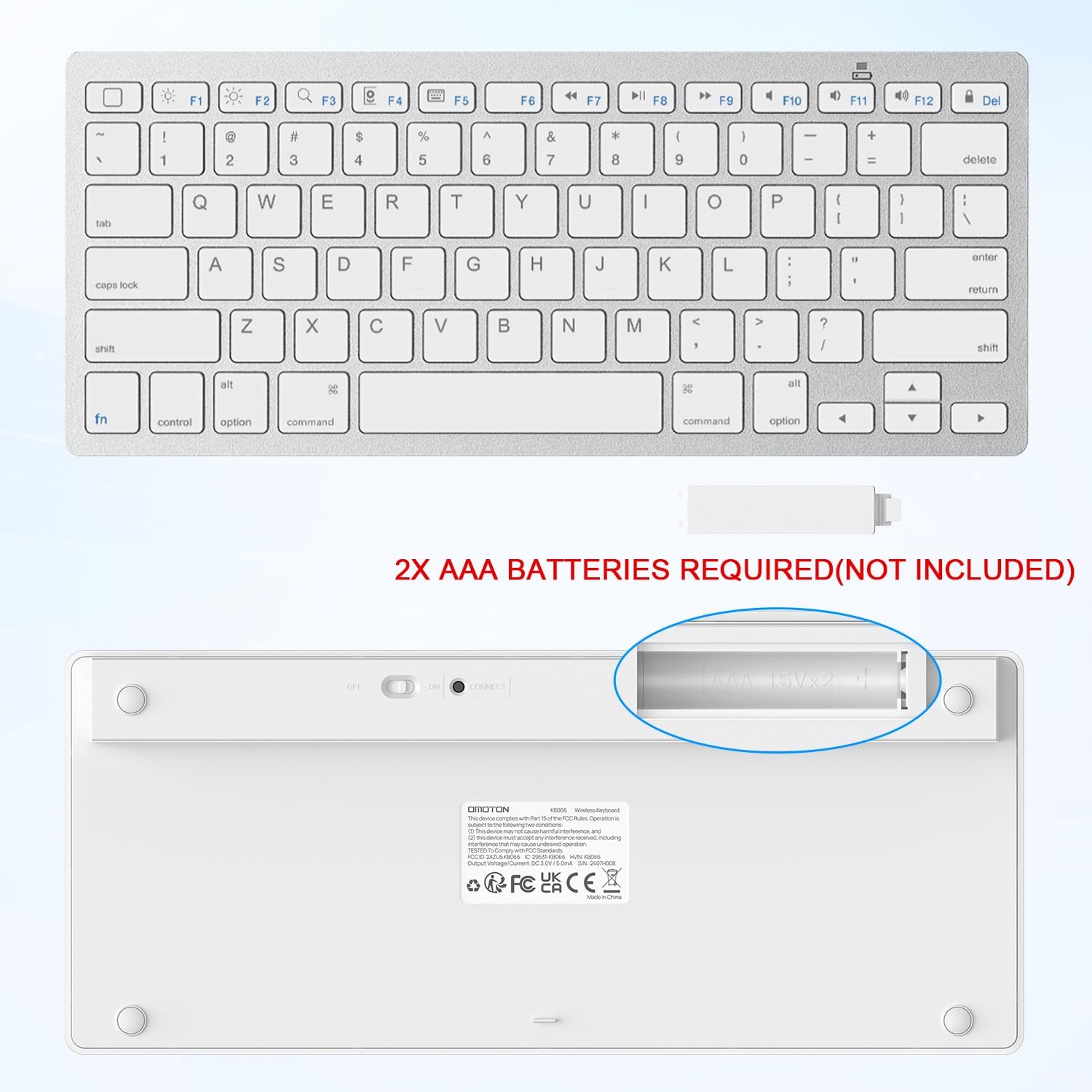 Shows that the product requires 2 AAA batteries (not included) to operate the wireless keyboard.
