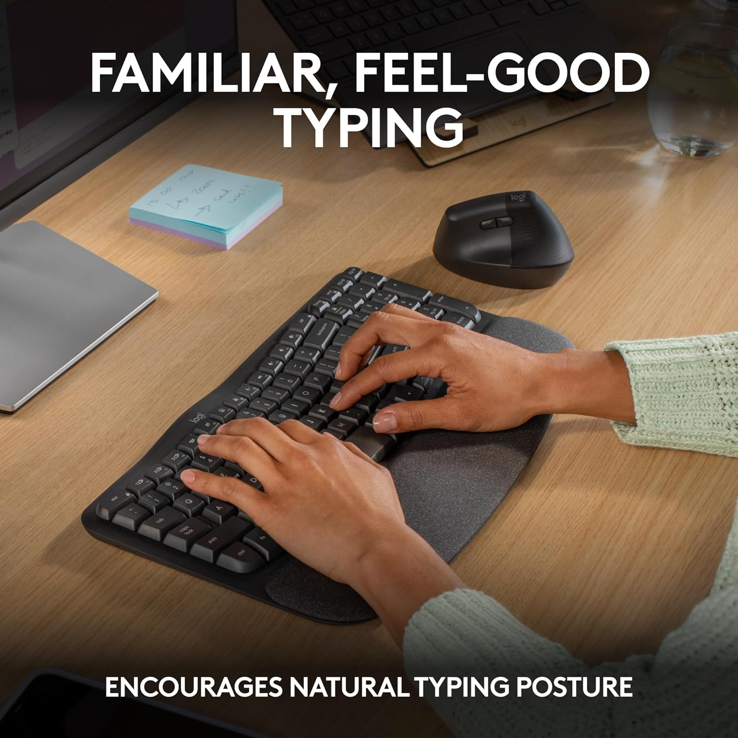 Highlights the product's ability to encourage a natural and comfortable typing posture.