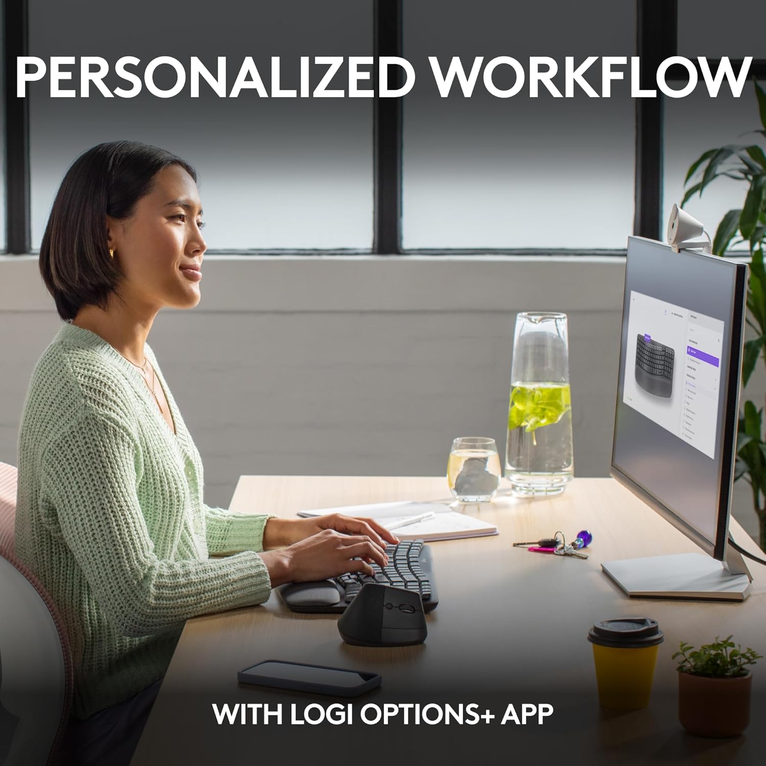 Highlights the ability to customize and personalize workflows using the Logi Options+ App for increased productivity.