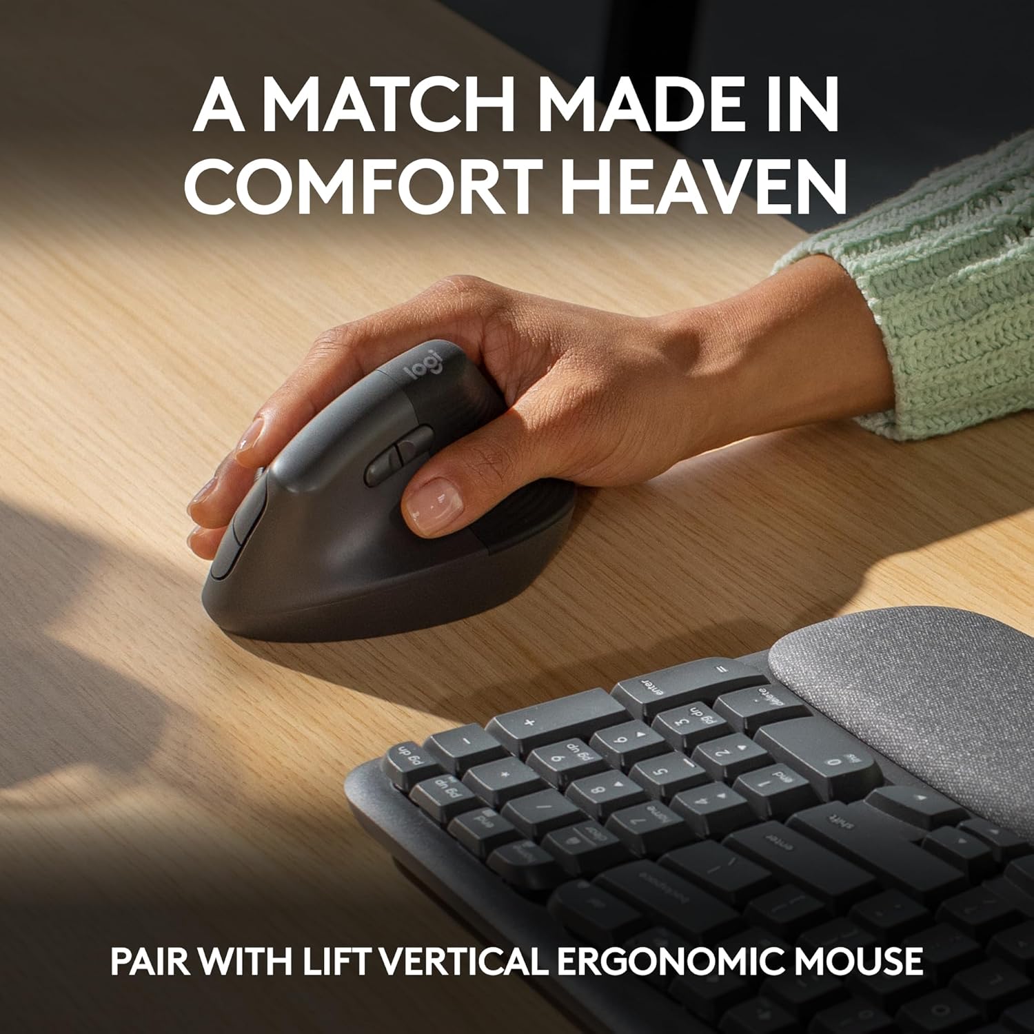 Highlights the ergonomic and comfortable design of the vertical mouse, positioning it as a match made in comfort heaven for desktop work.