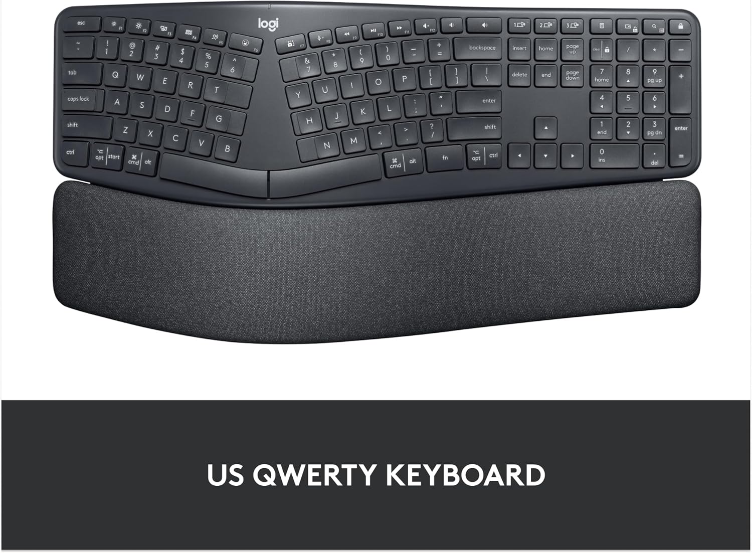 Highlights the keyboard's ergonomic wrist rest for added comfort during extended use.