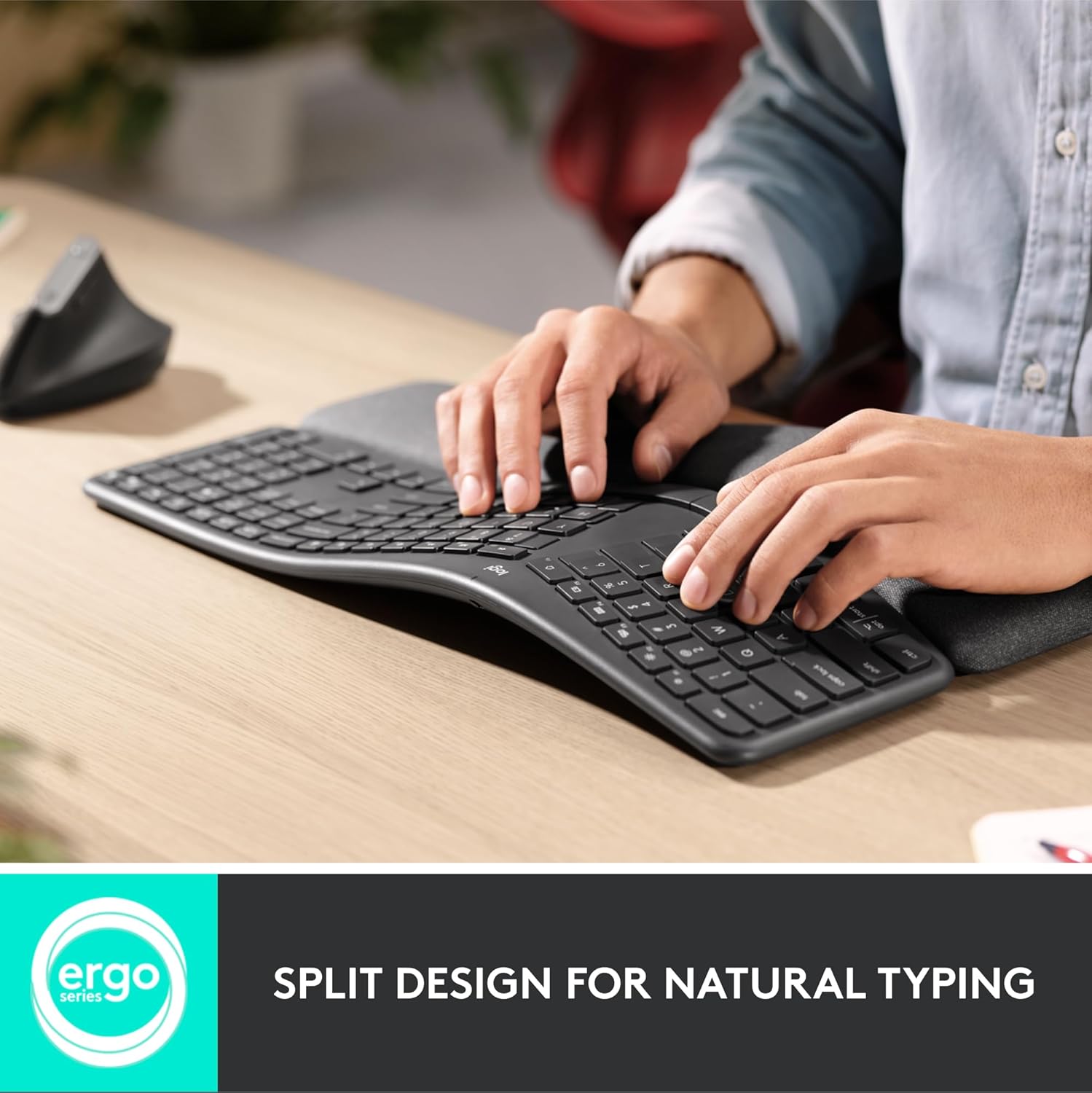 Highlights the keyboard's split ergonomic design that enables a more natural and comfortable typing position.
