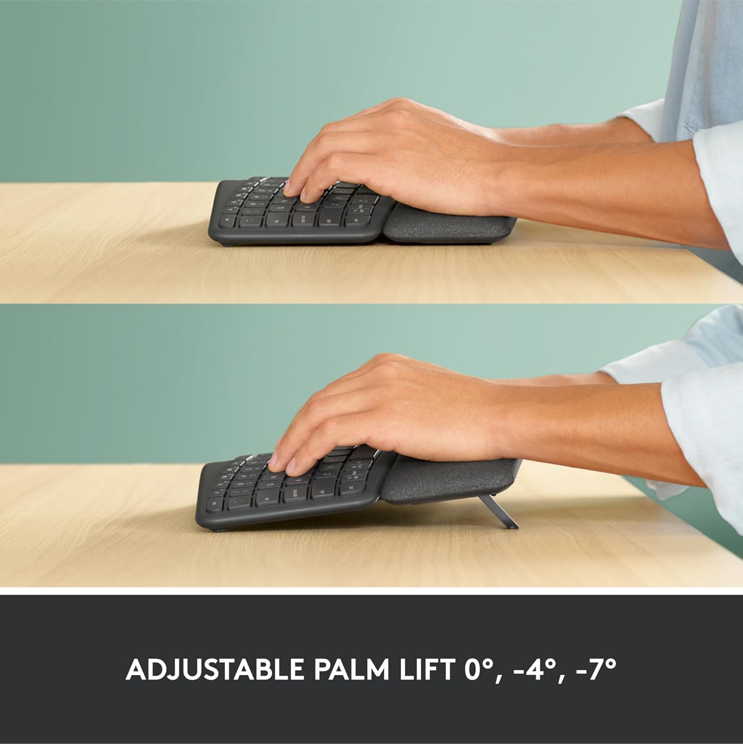 Highlights the product's adjustable palm lift feature to demonstrate ergonomic comfort and reduce wrist strain during extended use.