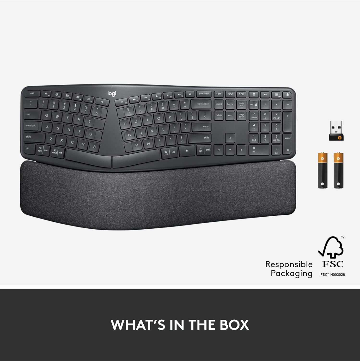 Shows all the items included in the product package - the keyboard, USB receiver, and batteries.