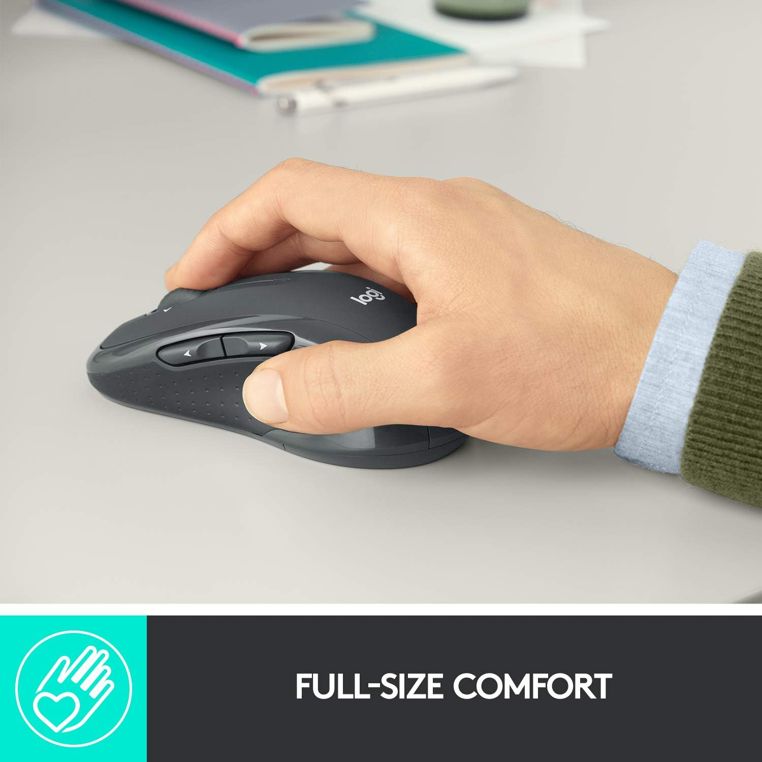 Highlights the comfortable, full-size design of the mouse for extended use.