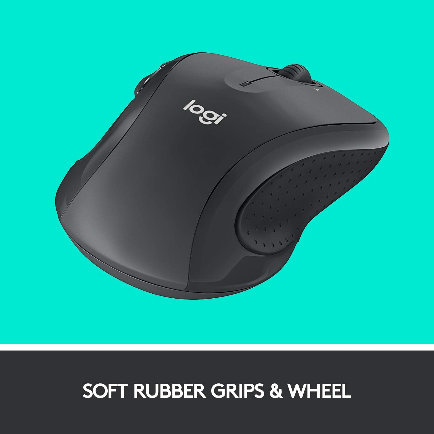 Highlights the mouse's soft rubber grips and wheel for enhanced comfort and control during use.