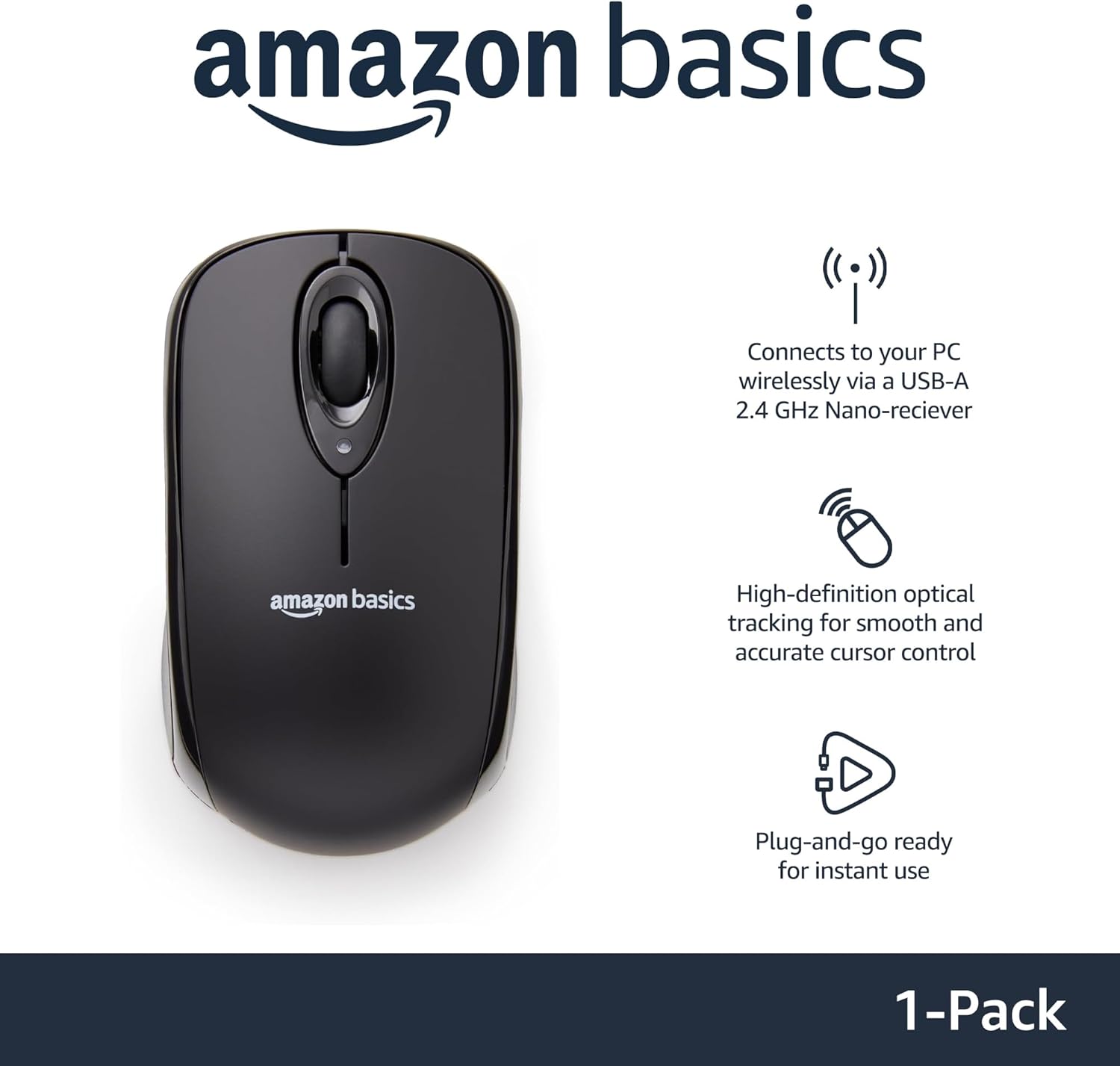 Highlights multiple key features of the wireless mouse, including wireless connectivity, high-precision tracking, and easy plug-and-play setup.