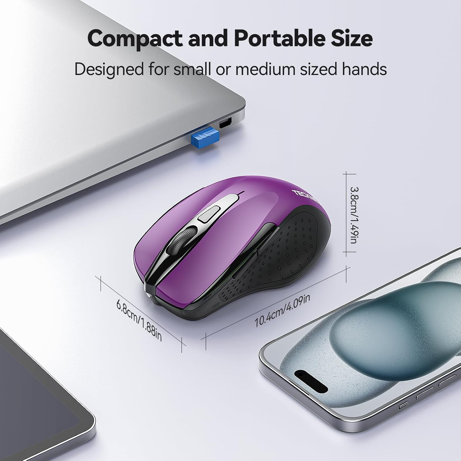 Provides the exact dimensions of the product to show its compact and portable size, suitable for small or medium hands.