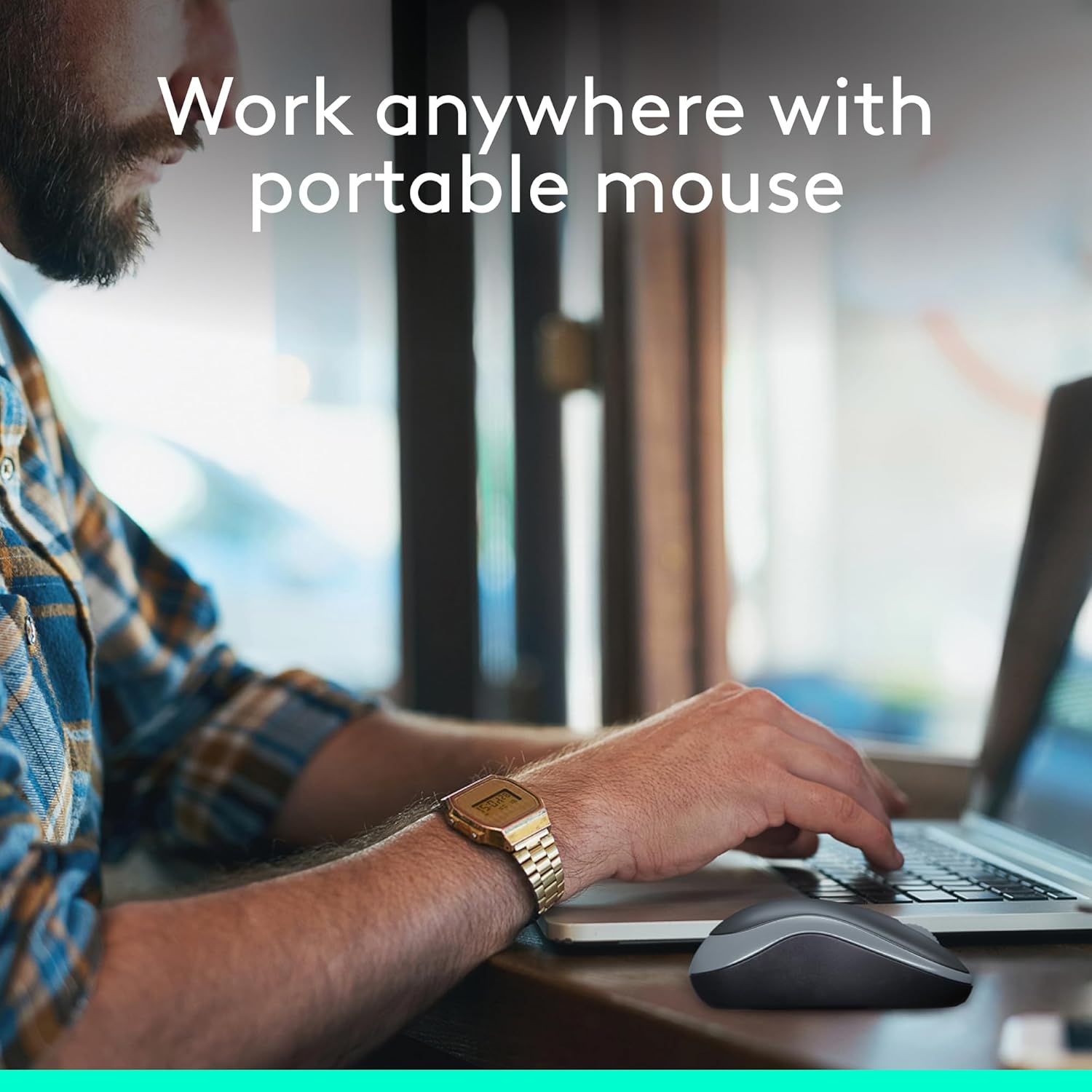 Highlights the mouse's portability, allowing users to work from anywhere with a compact, travel-friendly device.
