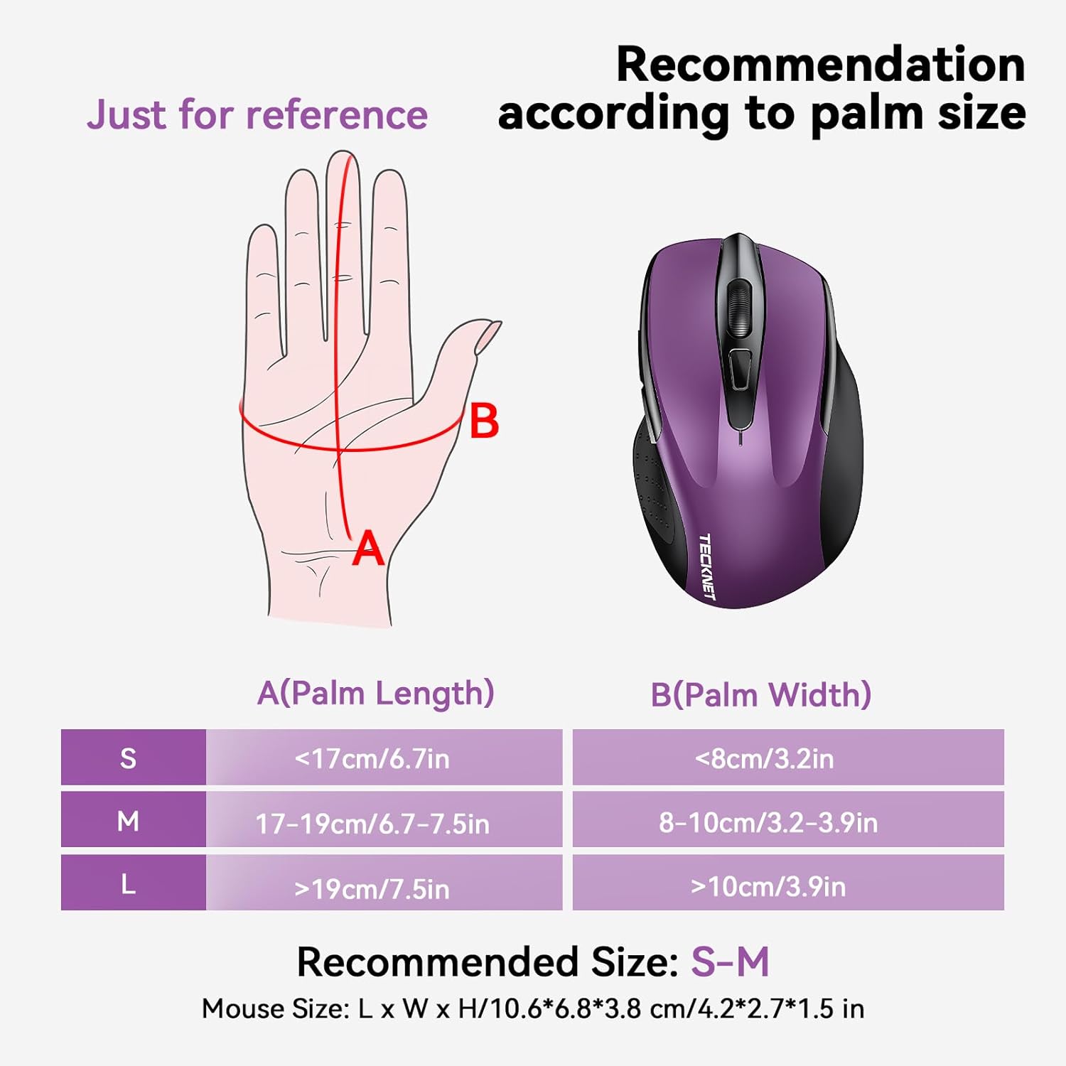 Guides shoppers in selecting the right mouse size based on their palm measurements to ensure a comfortable and ergonomic fit.