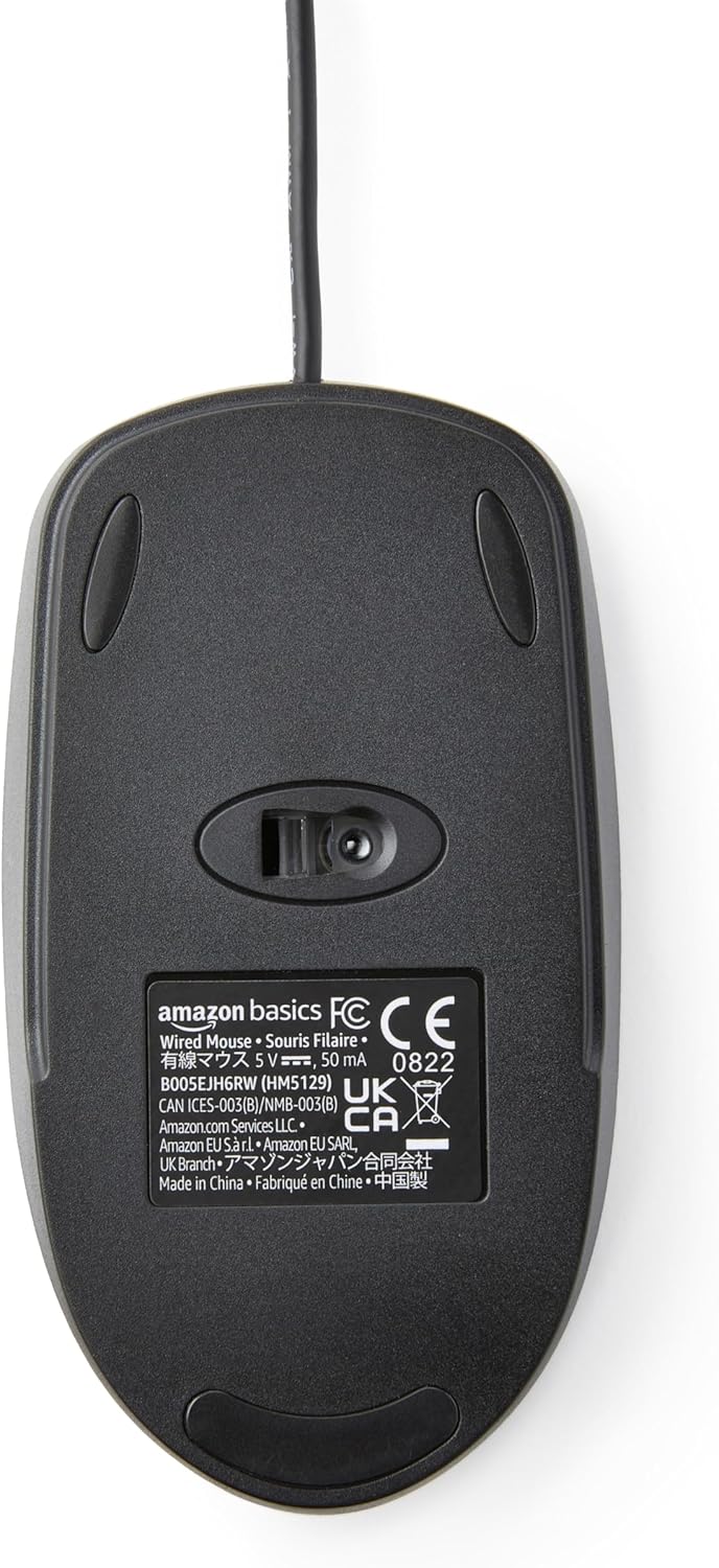 Highlights the key components and physical features of the wired computer mouse.