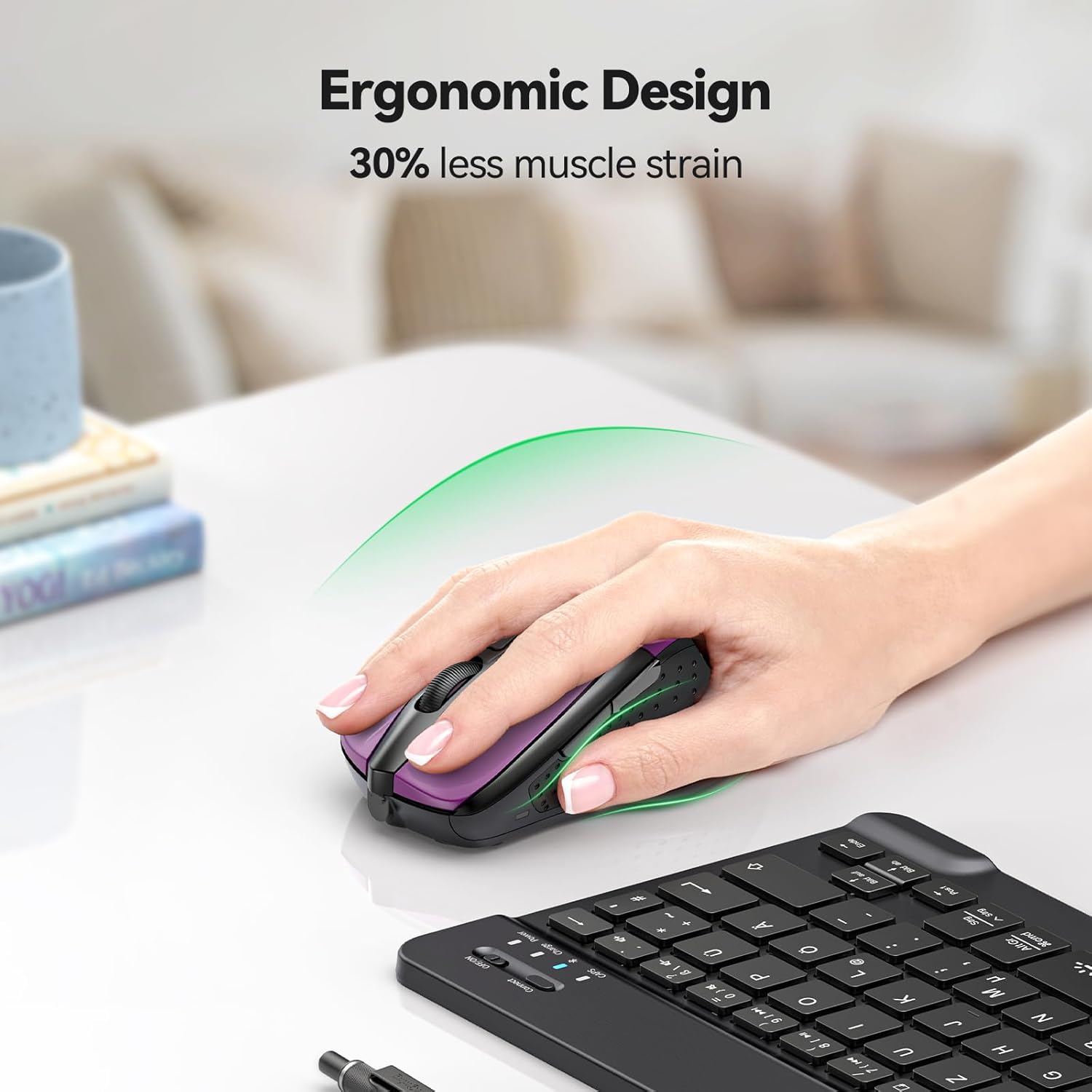 Highlights the ergonomic design of the product that reduces muscle strain by 30%, promoting comfort and ease of use.