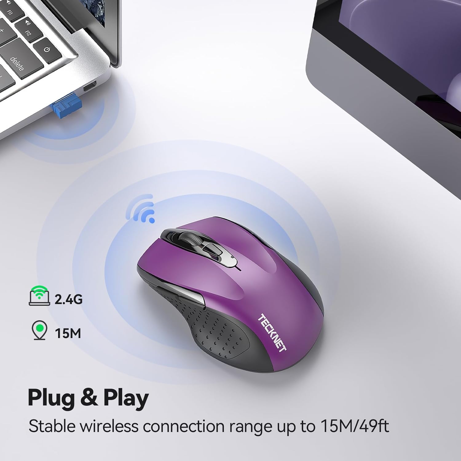 Highlights the wireless connectivity and long range of the mouse, allowing for stable and convenient operation up to 15M/49ft away.