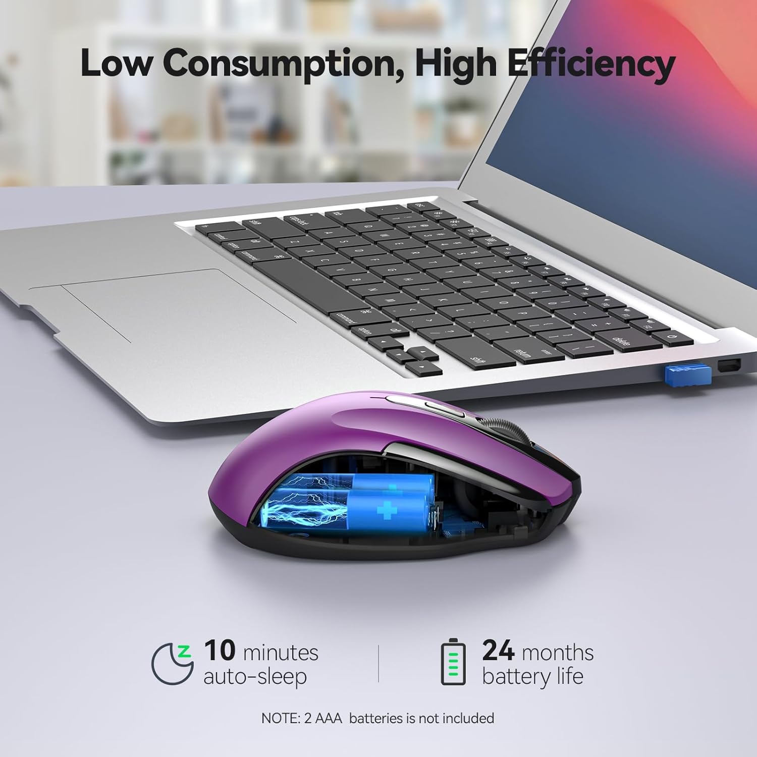 Communicates quantifiable benefits of the product's efficiency and longevity through metrics like 10 minute auto-sleep and 24 month battery life.