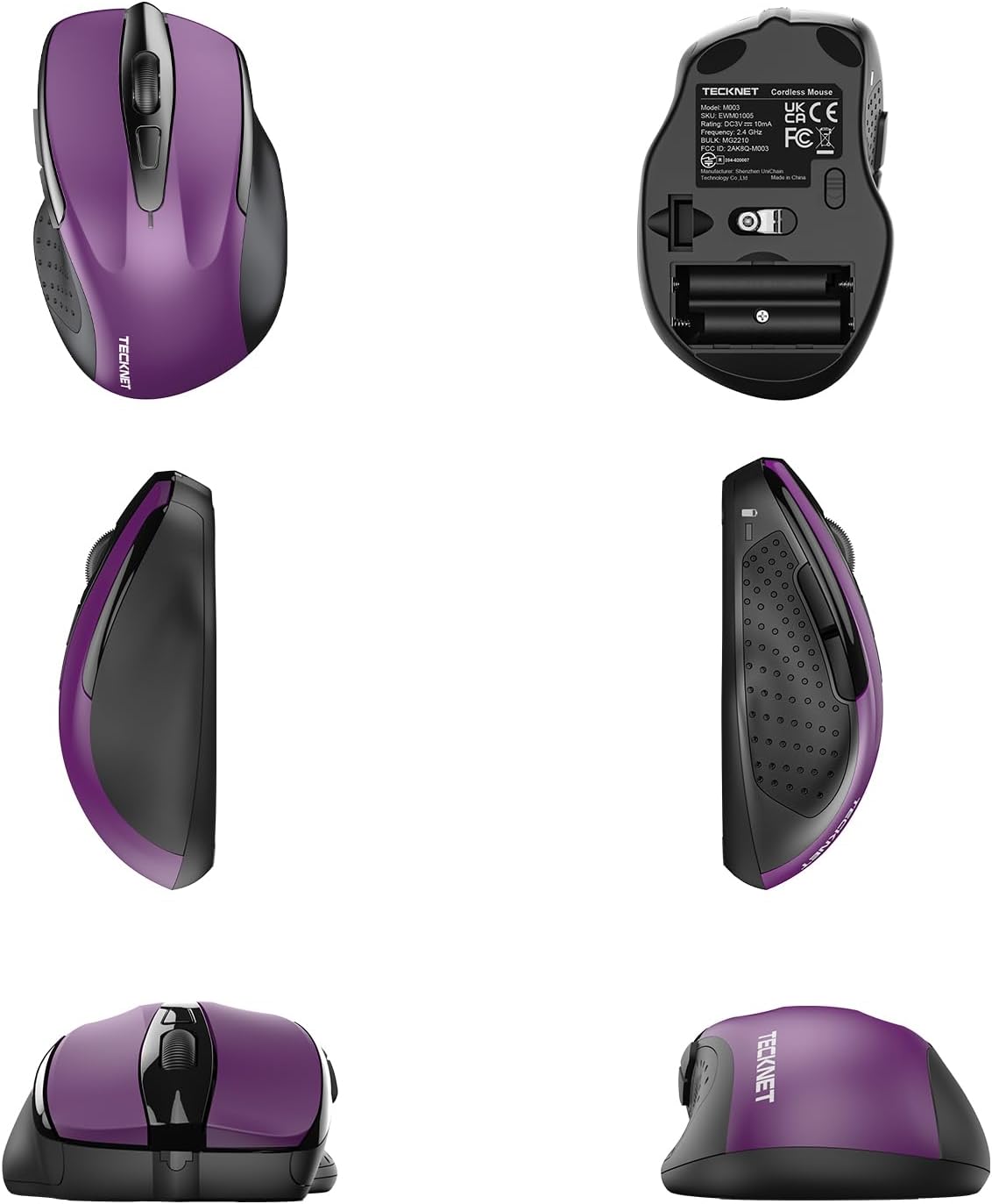 Showcases the different components and design features of the wireless computer mouse from multiple angles.