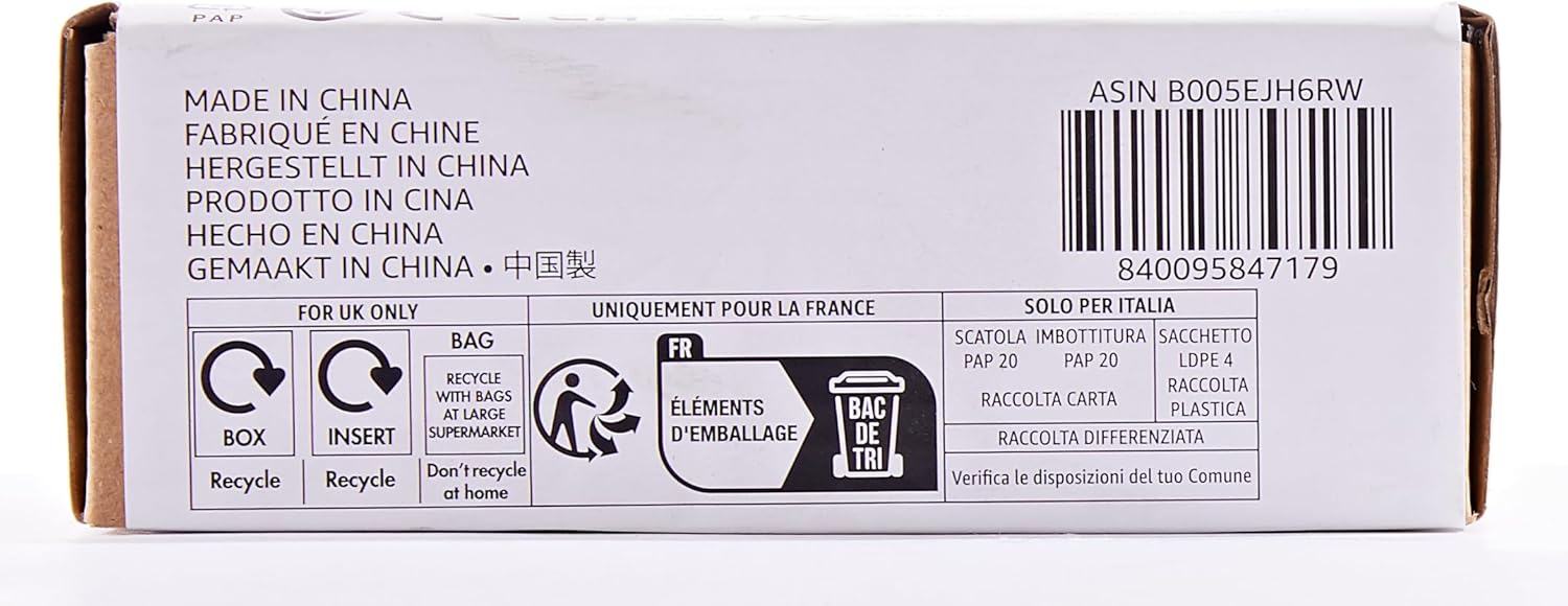 Provides recycling and disposal information for different regions, as well as indicating the product's country of origin.