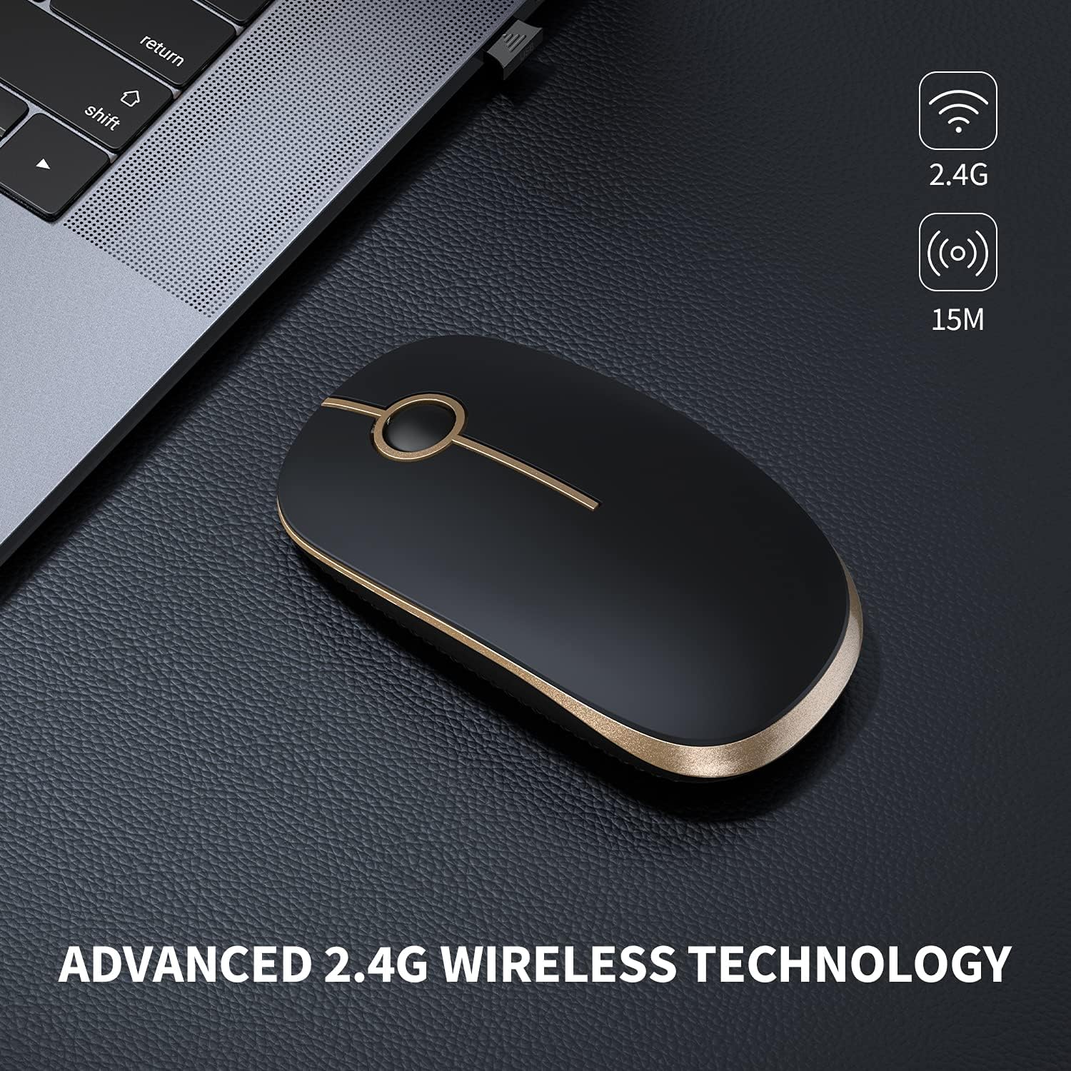 Highlights the product's advanced 2.4G wireless technology and long range of 15M as a key feature.