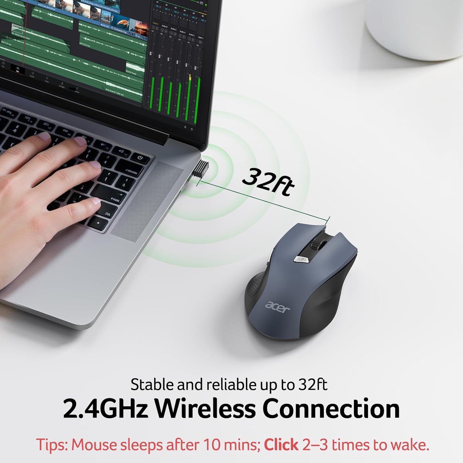 Highlights the wireless connectivity range of the mouse to reassure buyers of its reliable performance and convenience.