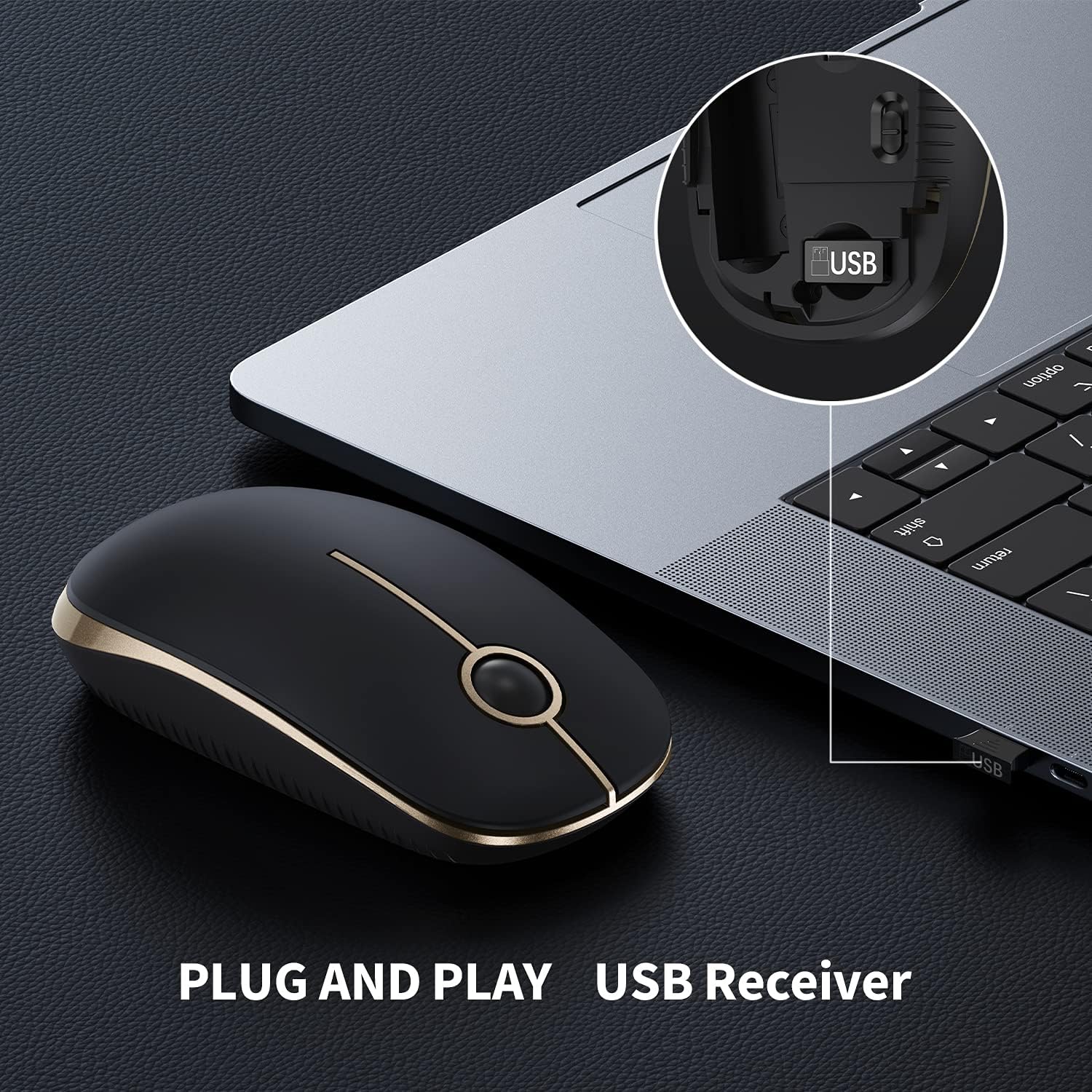 Highlights the product's USB receiver and plug-and-play functionality for easy setup and connectivity.