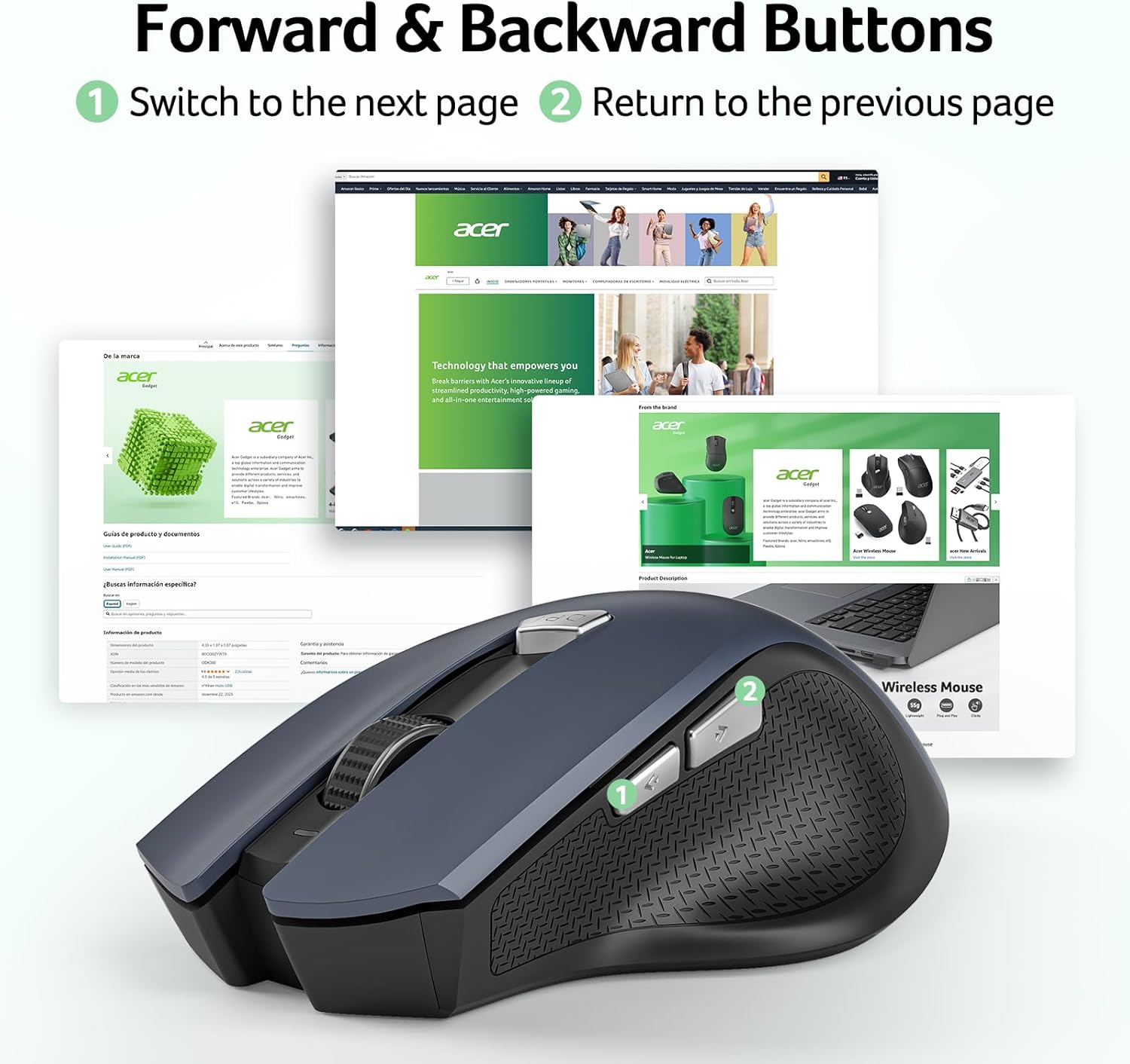 Explains how to use the forward and backward buttons on the wireless mouse to navigate between pages or screens.