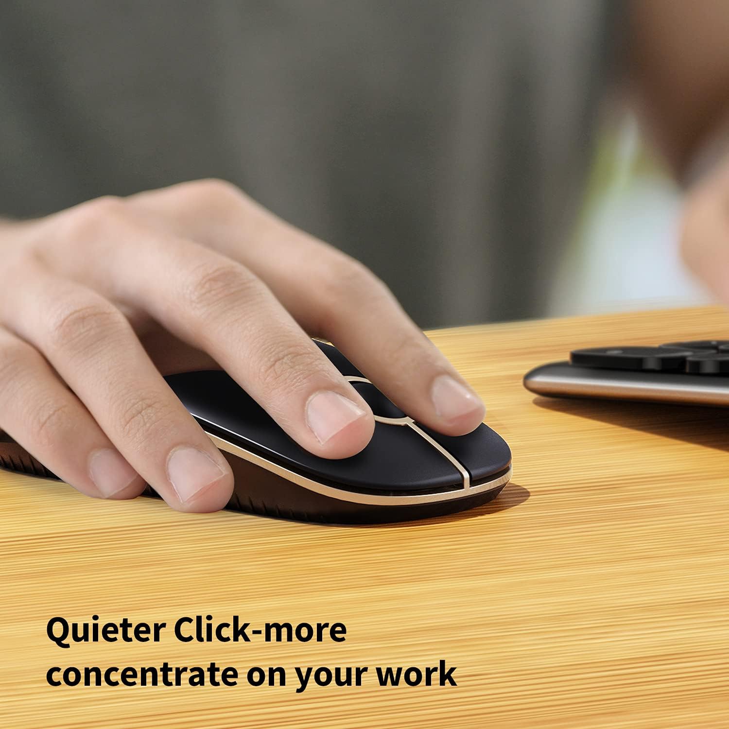 Highlights the product's ability to reduce clicking noise, allowing users to concentrate better on their work.