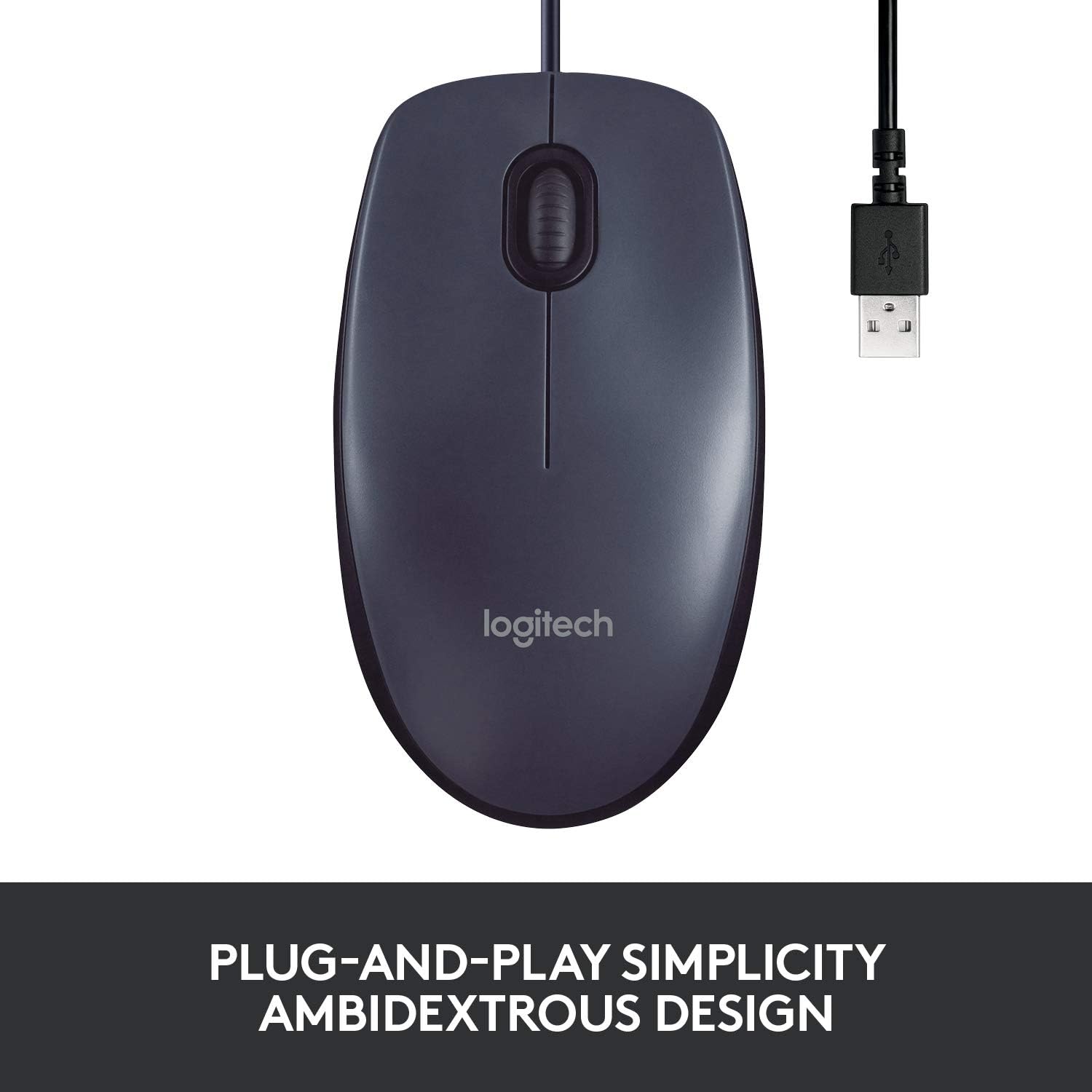 Highlights the mouse's plug-and-play simplicity and ambidextrous design for easy use with either hand.