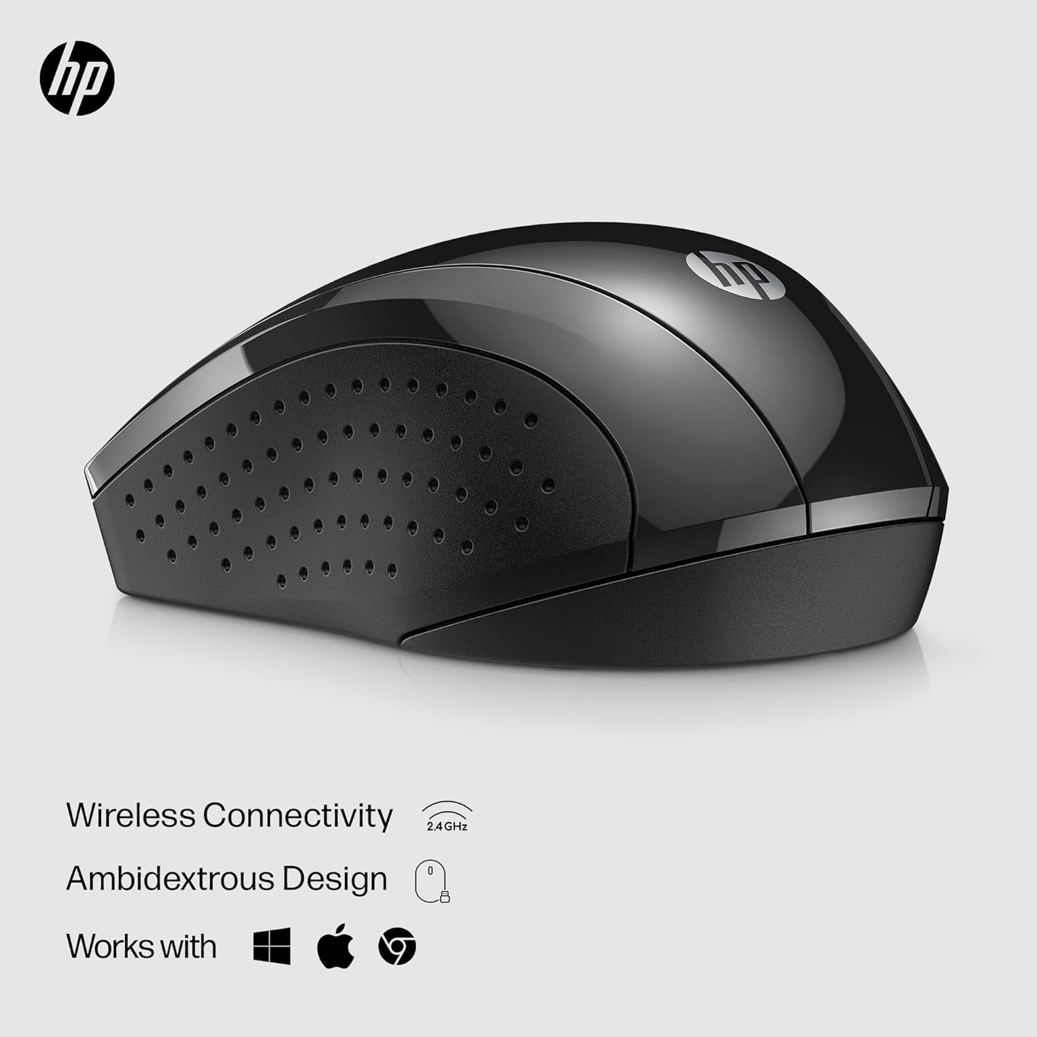 Highlights the mouse's key features of wireless connectivity, ambidextrous design for left/right-handed use, and compatibility across Windows, Mac, and Chrome OS.