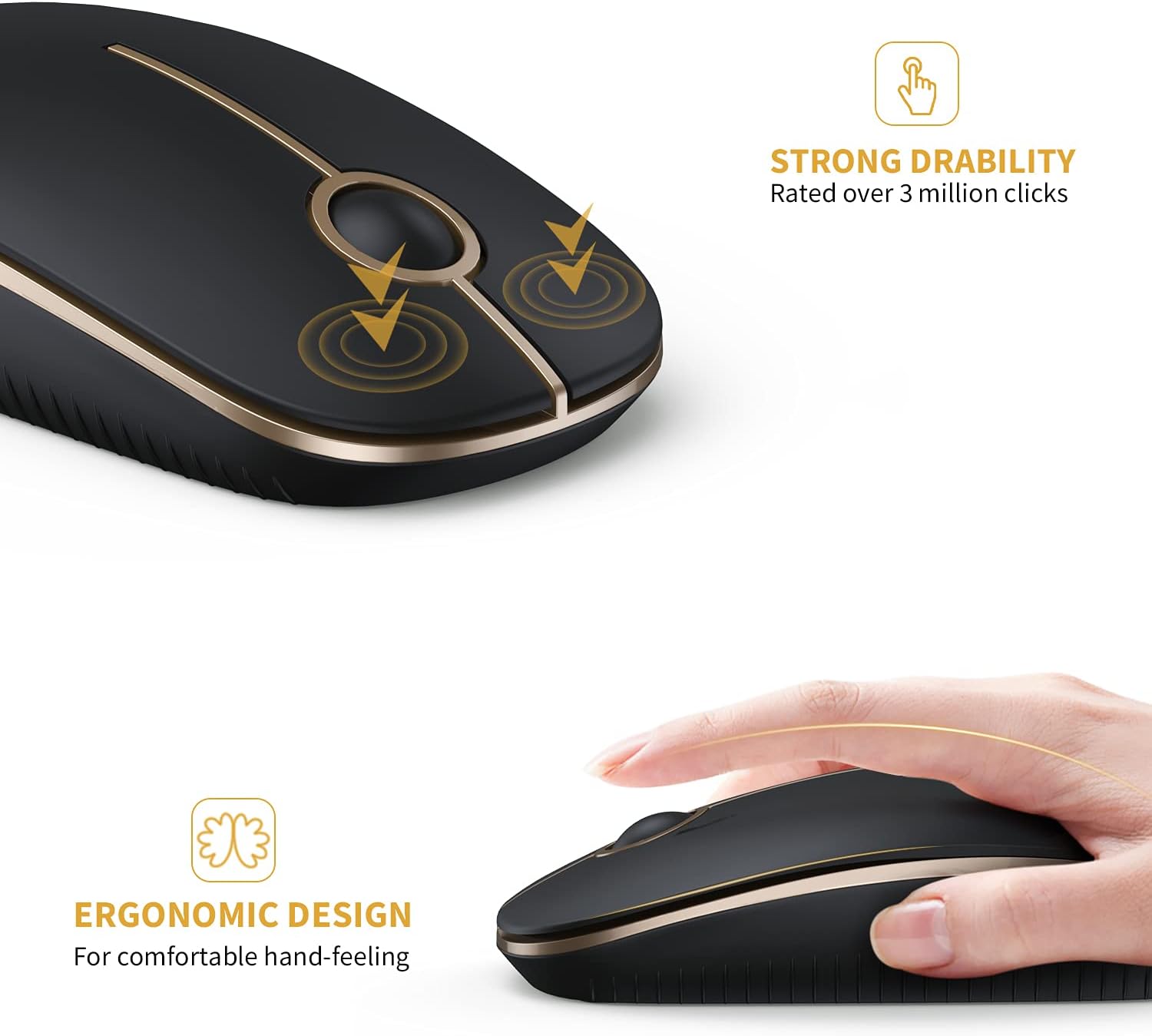 Highlights the product's durability rated over 3 million clicks and ergonomic design for comfortable hand-feeling.