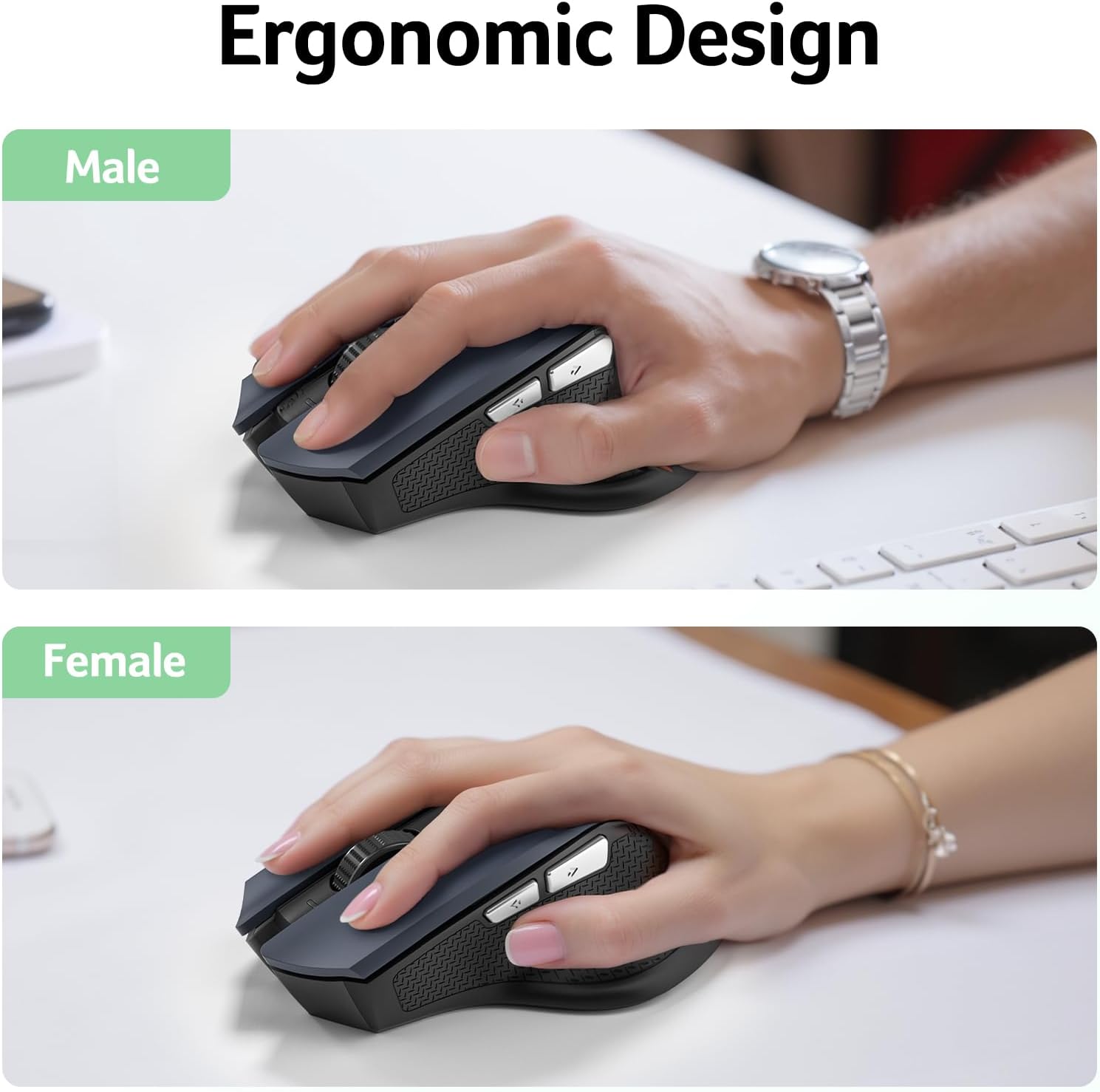 Highlights the ergonomic design of the product, showing how it fits comfortably in both male and female hands.
