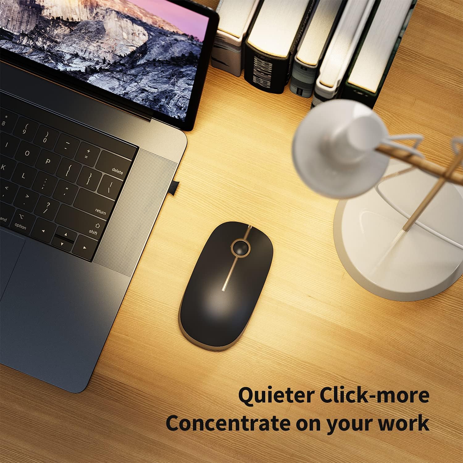Highlights the mouse's quiet clicking feature to help users concentrate better on their work without distractions.