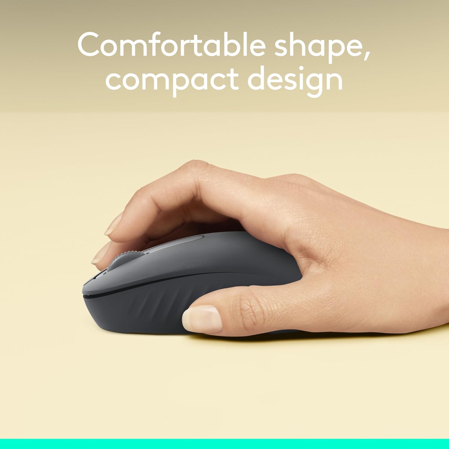 Highlights the product's ergonomic shape and compact size for comfortable and portable use.