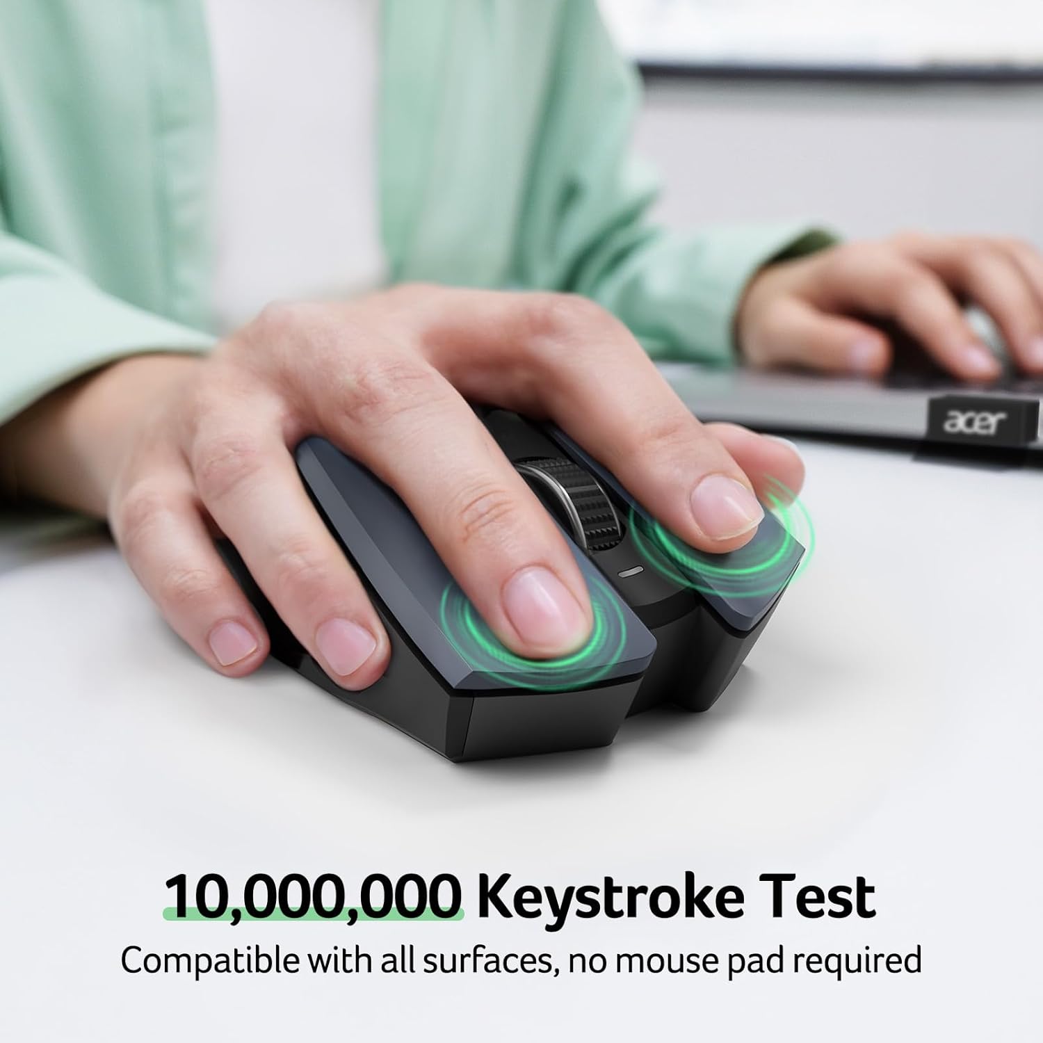 Highlights the mouse's durability by showcasing its ability to withstand 10 million keystrokes, and its versatility by being compatible with all surfaces without needing a mouse pad.