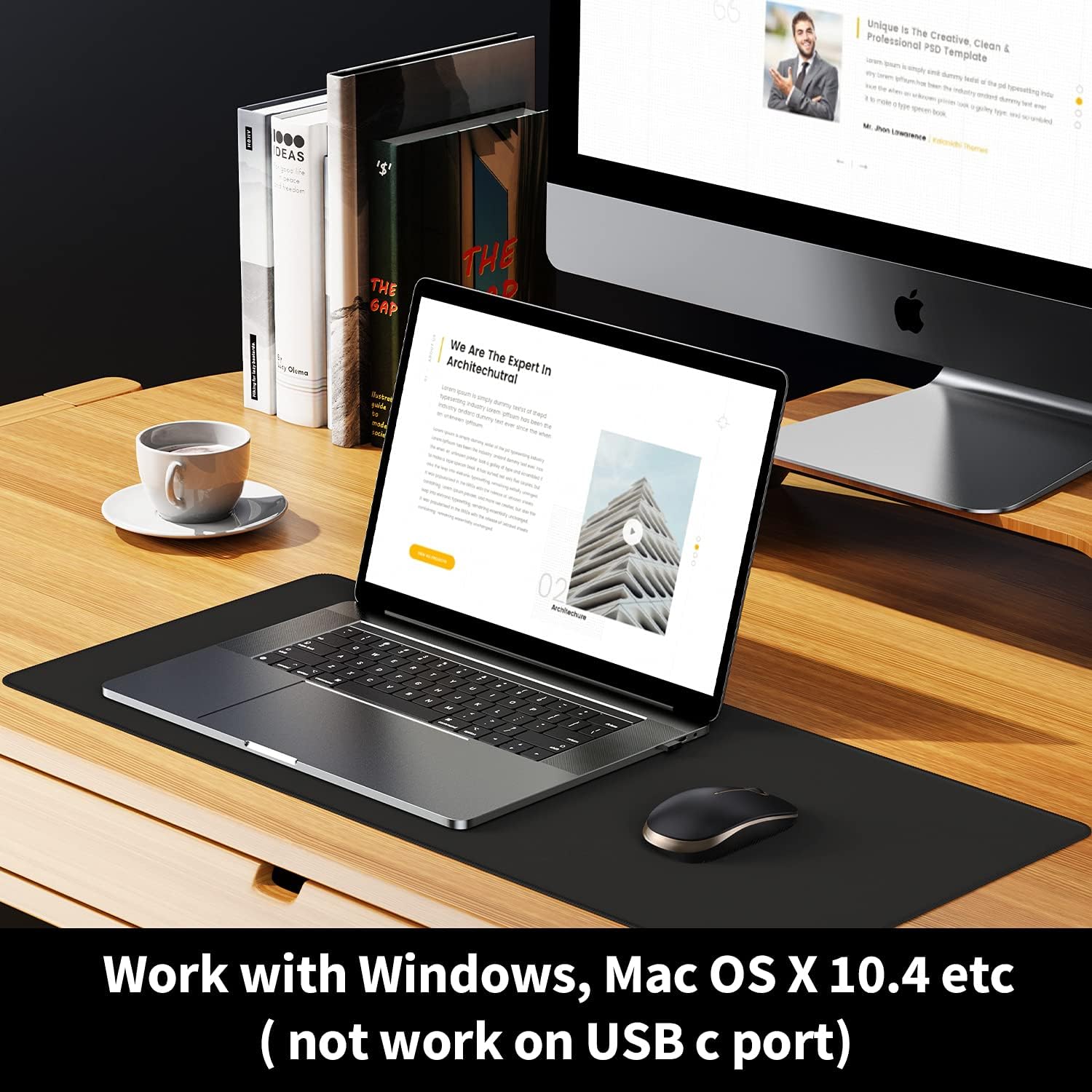 Highlights that the product works with both Windows and Mac OS X 10.4, reassuring customers of its broad compatibility across different operating systems.
