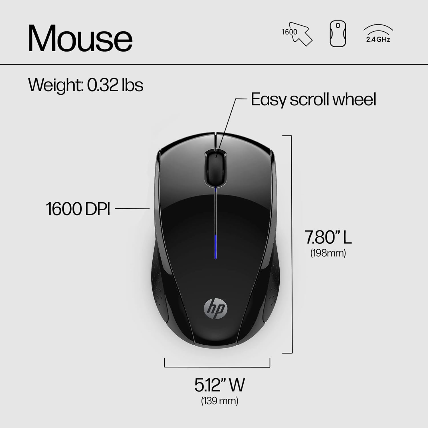 Provides detailed sizing and specification information to help shoppers understand the physical size, weight, DPI, and wireless connectivity of the mouse.