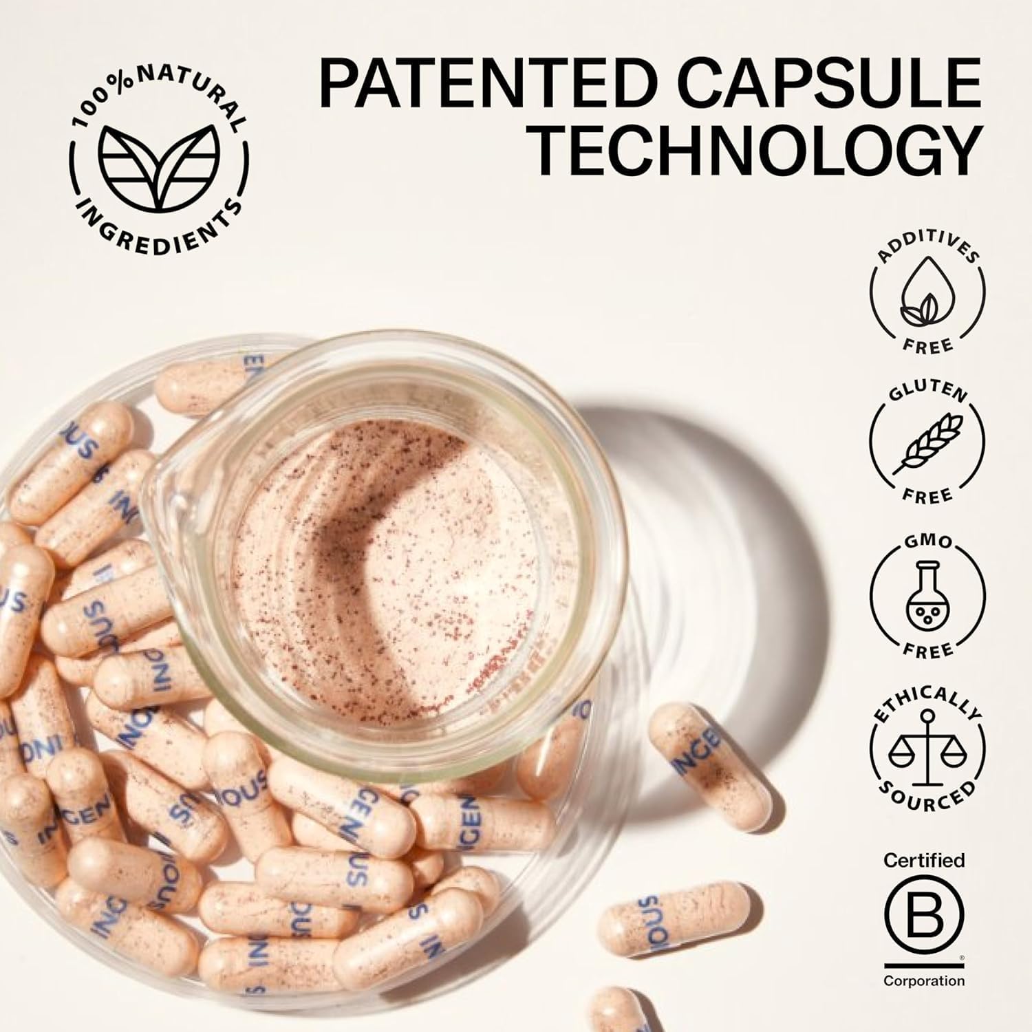 Highlights the product's patented capsule technology and natural, additive-free formulation to position it as a premium and trustworthy supplement.