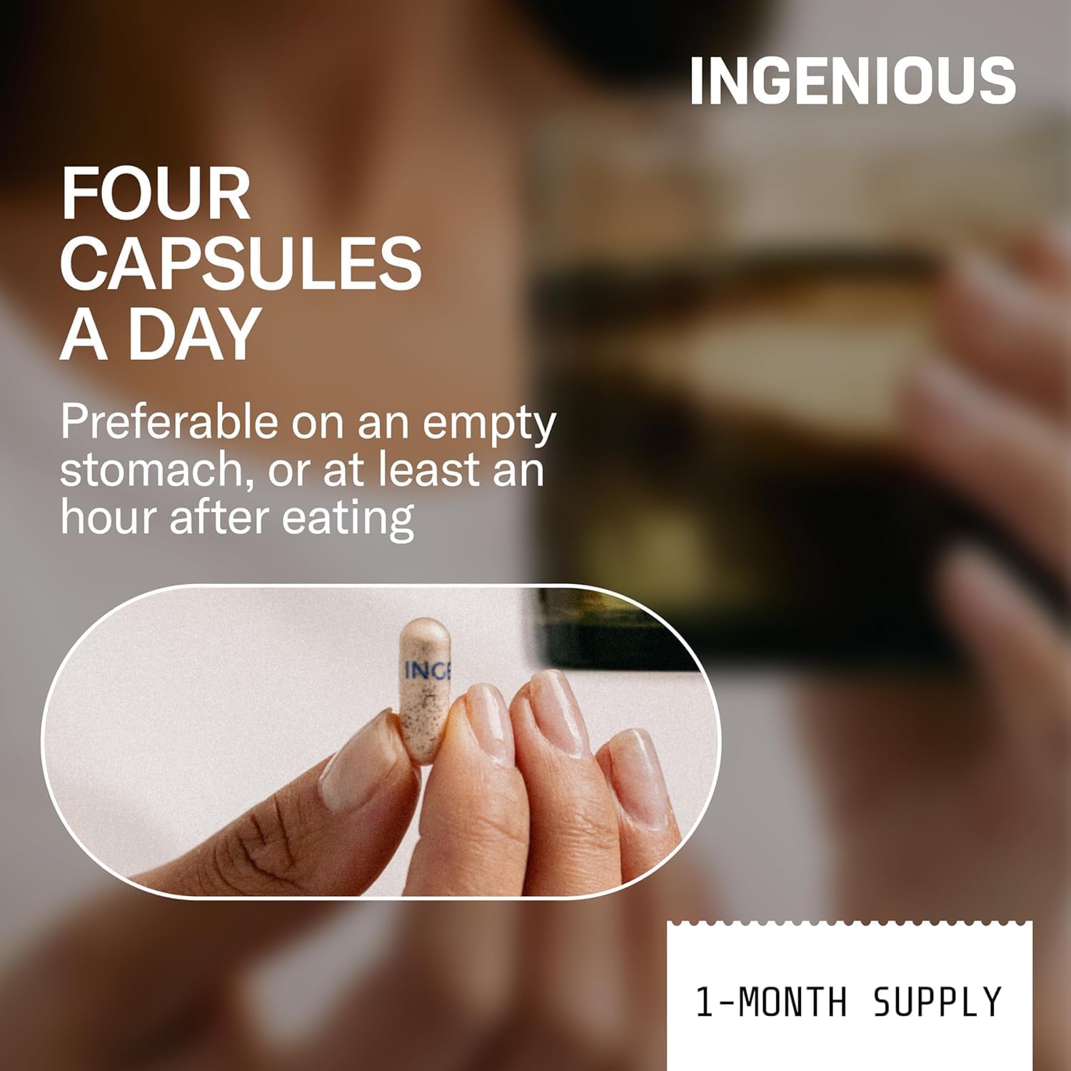Provides clear instructions on how to properly take the product, including the recommended dosage of four capsules per day and timing in relation to meals.