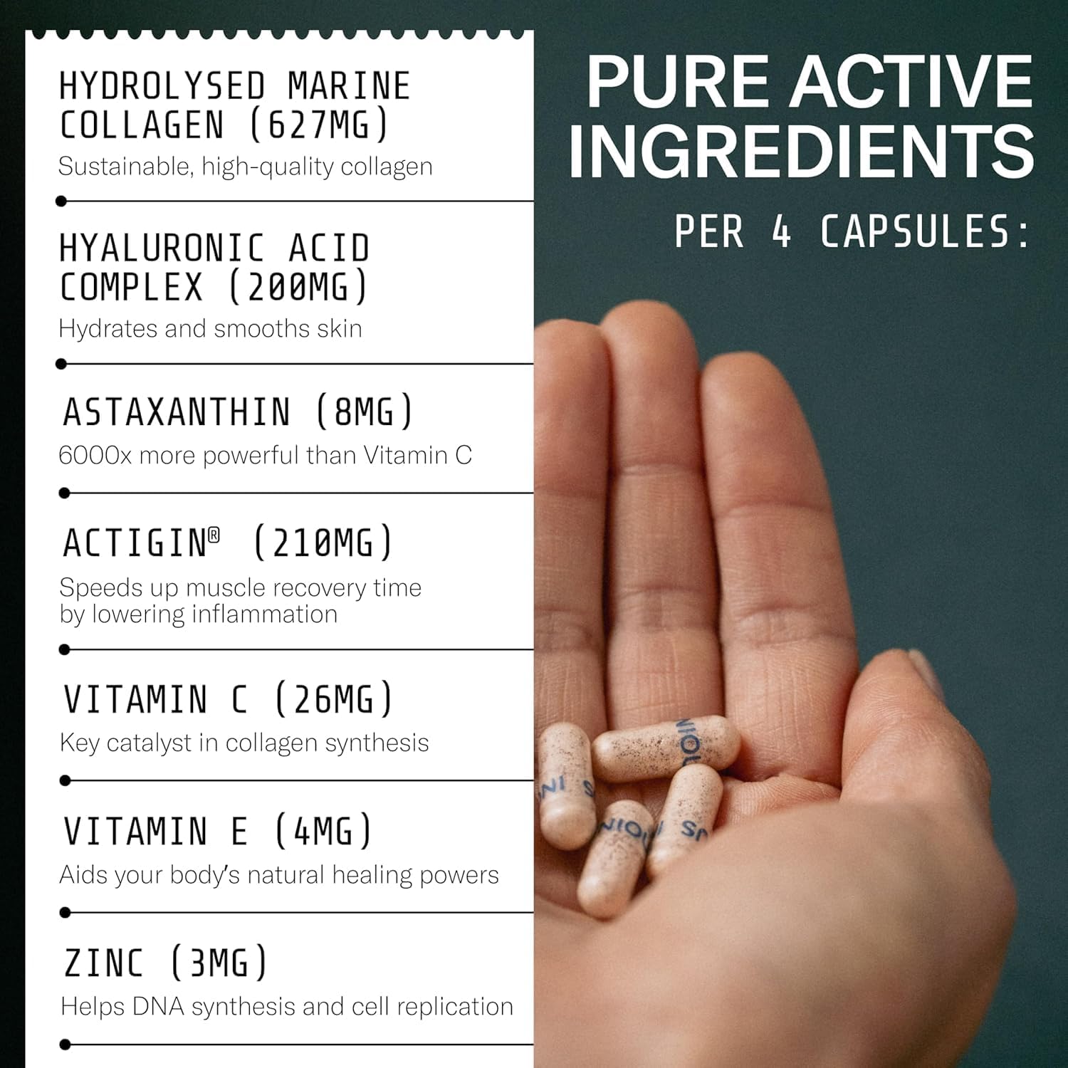 Highlights the key active ingredients and their respective benefits for skin health, muscle recovery, and overall wellness.