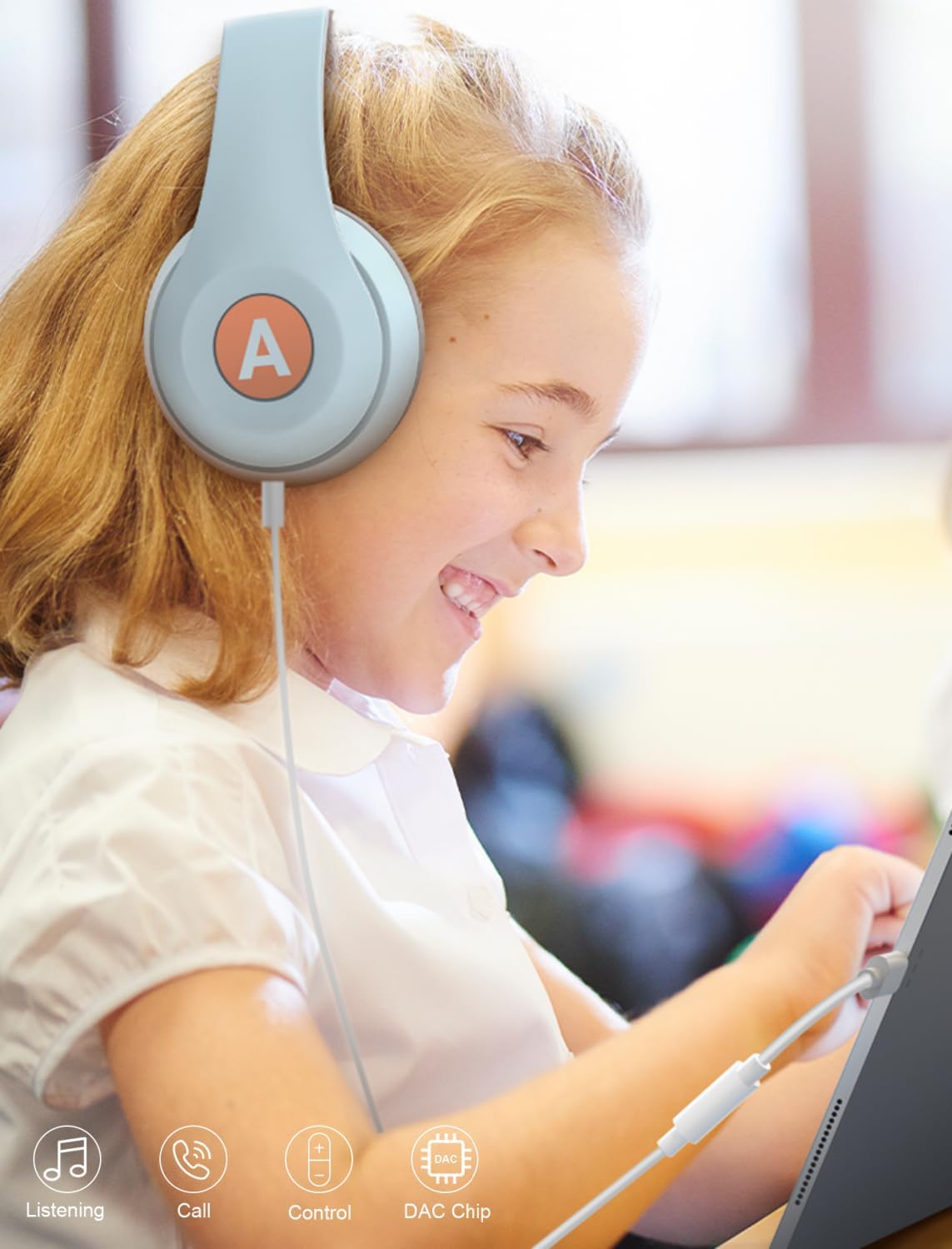 Showcases multiple features of the headphones such as audio listening, call handling, voice control, and high-quality DAC chip for enhanced sound.