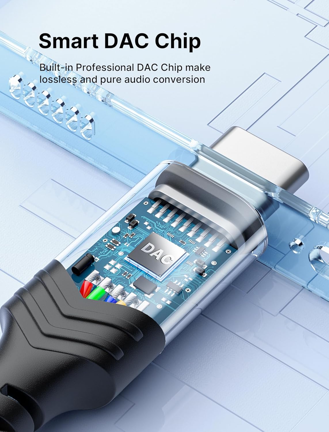 Highlights the product's built-in professional DAC chip that enables lossless and pure audio conversion.
