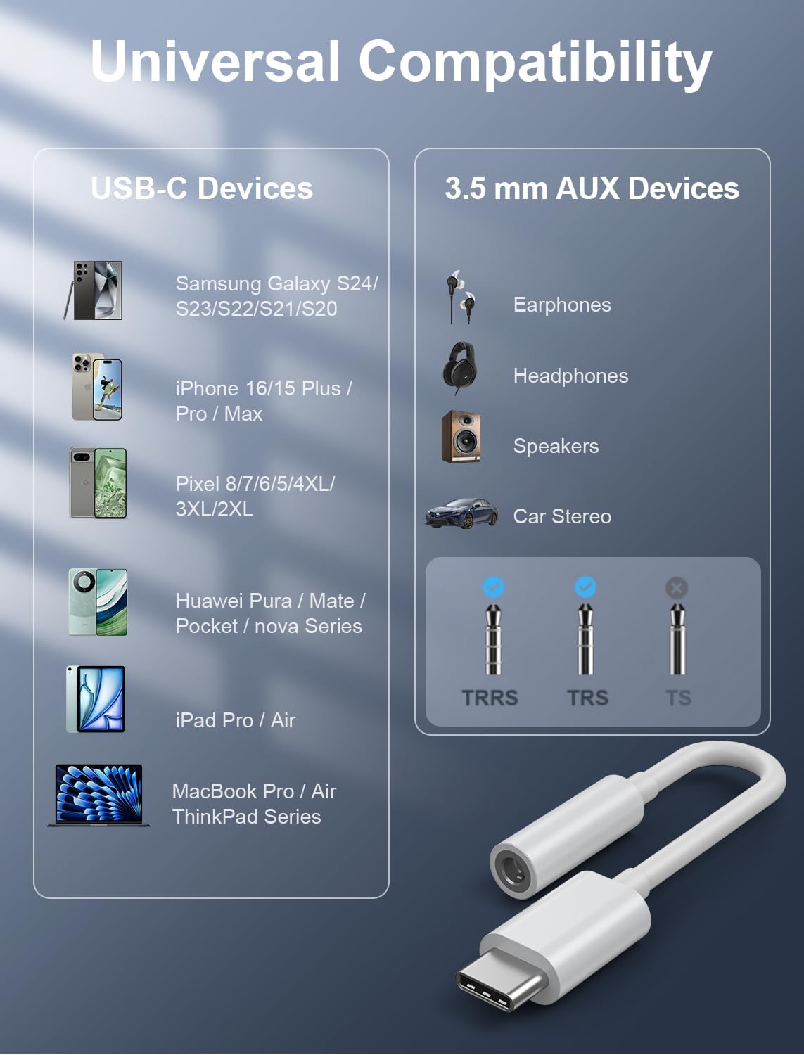 Shows the wide range of devices and accessories that are compatible with the product, providing reassurance about its versatility and ease of use across different systems.