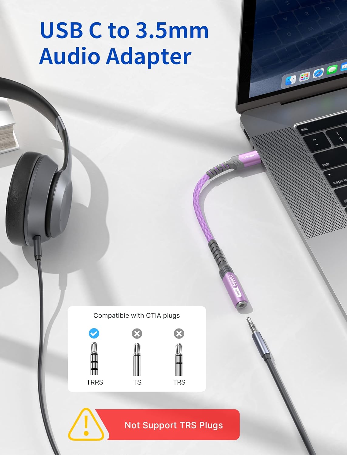 Clarifies which headphone/audio jack types are compatible with this USB-C adapter to ensure proper fit and functionality.