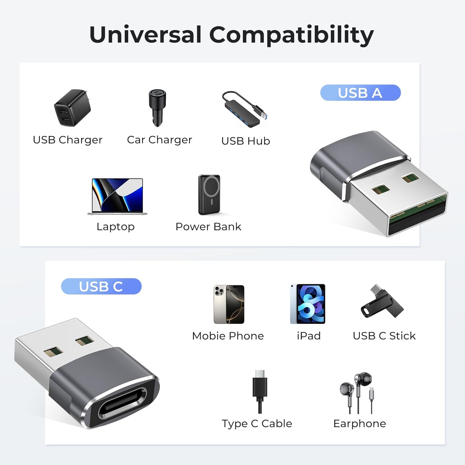 Shows the wide range of devices and accessories that are compatible with the USB drive, reassuring customers of its versatility.