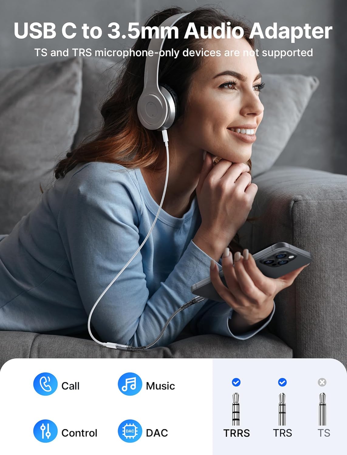 Highlights the adapter's ability to connect USB-C devices to 3.5mm audio outputs, while clarifying compatibility limitations.