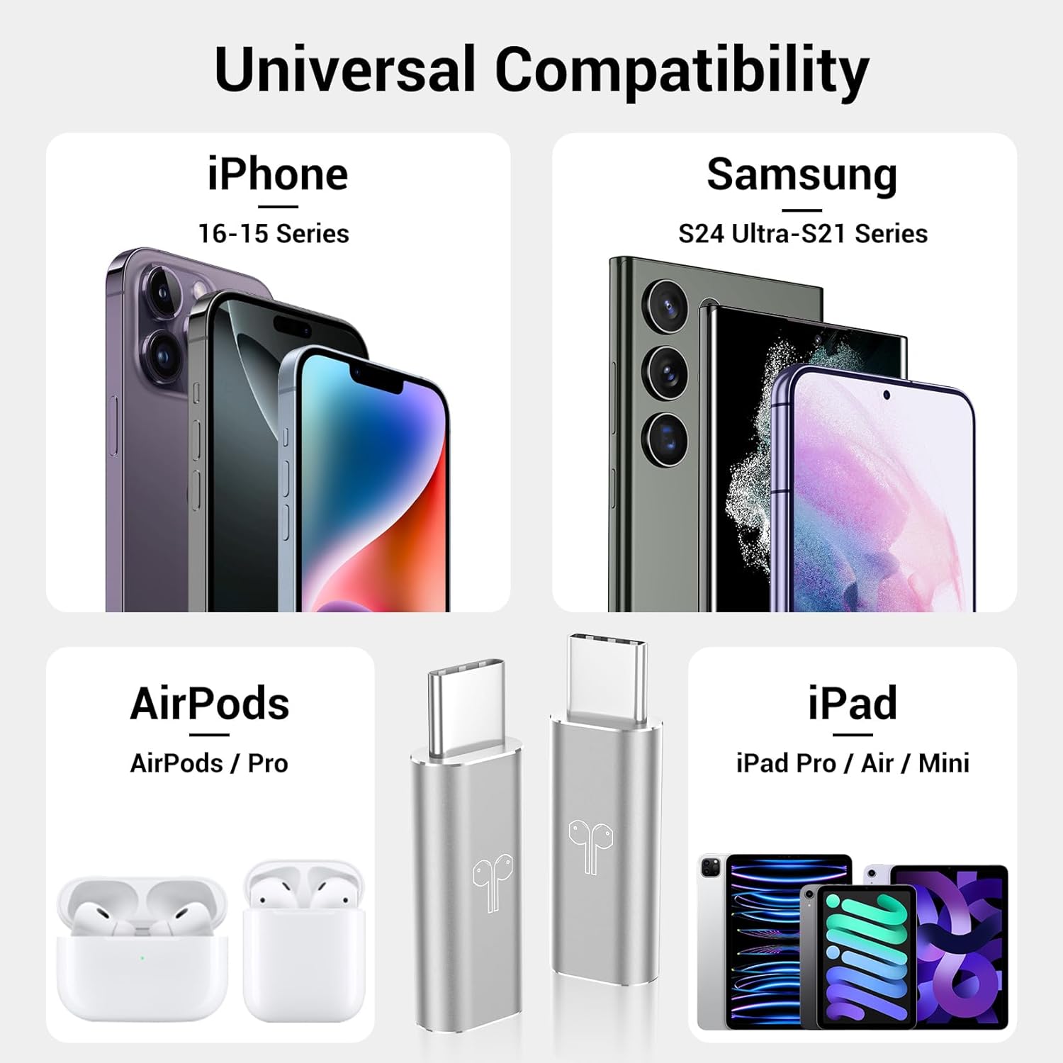 Demonstrates the product's compatibility with various Apple and Samsung devices to reassure customers of its universal usability.